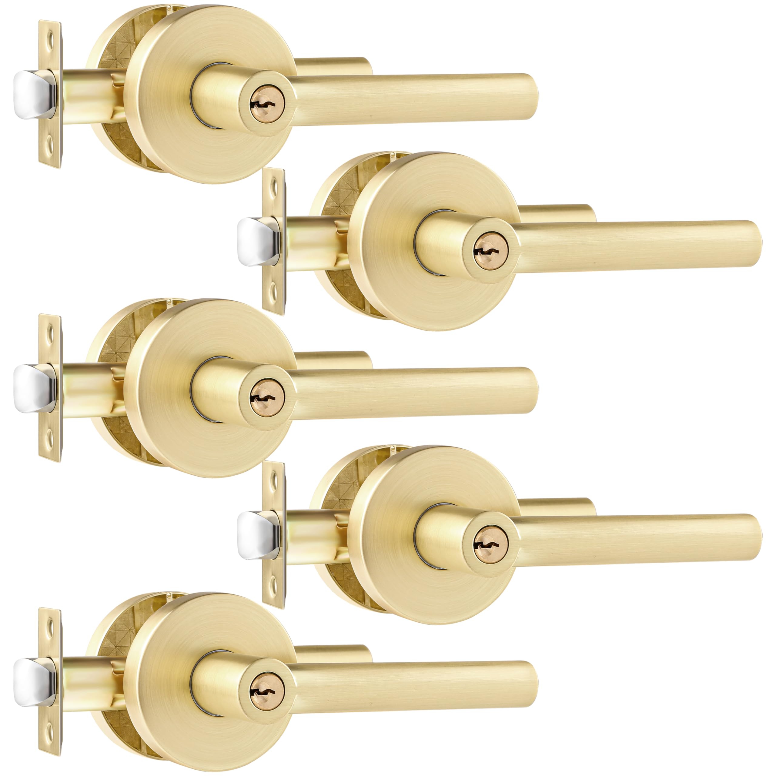 Leydebong 5 Pack Gold Door Knobs with Lock and Key - Keyed Alike Interior & Exterior Door Handles for Bedroom, Bathroom & Front Entry - Durable Brass Levers for Home Security & Easy Access