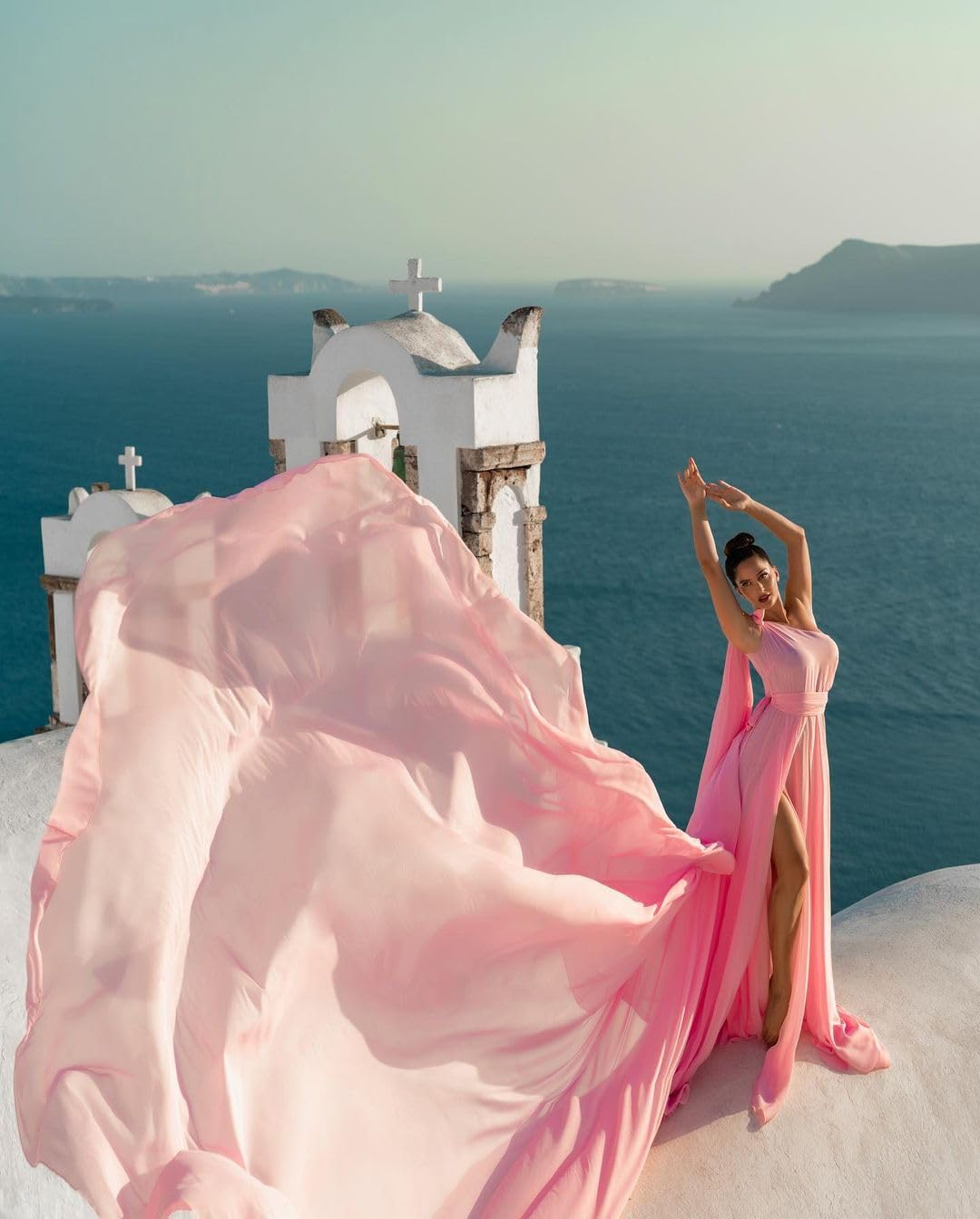 Elegant One Shoulder Ruffle Maxi Dress with Long Train - Flowy Satin Flying Dress for Photoshoots, Weddings & Santorini Vacations | Perfect for Beach Photos, Destination Weddings & Romantic Getaways