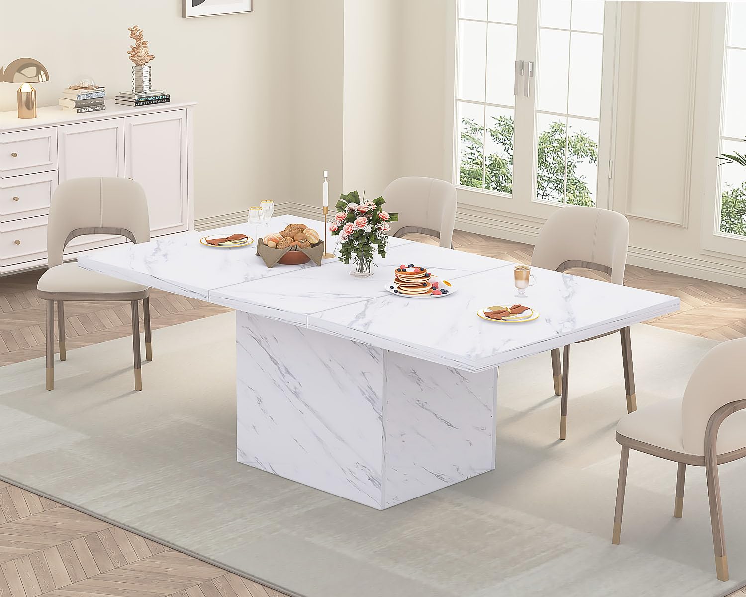 HSH White Faux Marble Dining Table - 63 Inch Modern Farmhouse Style Kitchen Table for 6 People, Sturdy Wood Base with Pedestal Support, Rectangle Design for Dining Room & Living Room | Perfect for Family Gatherings, Dinner Parties & Home Decor