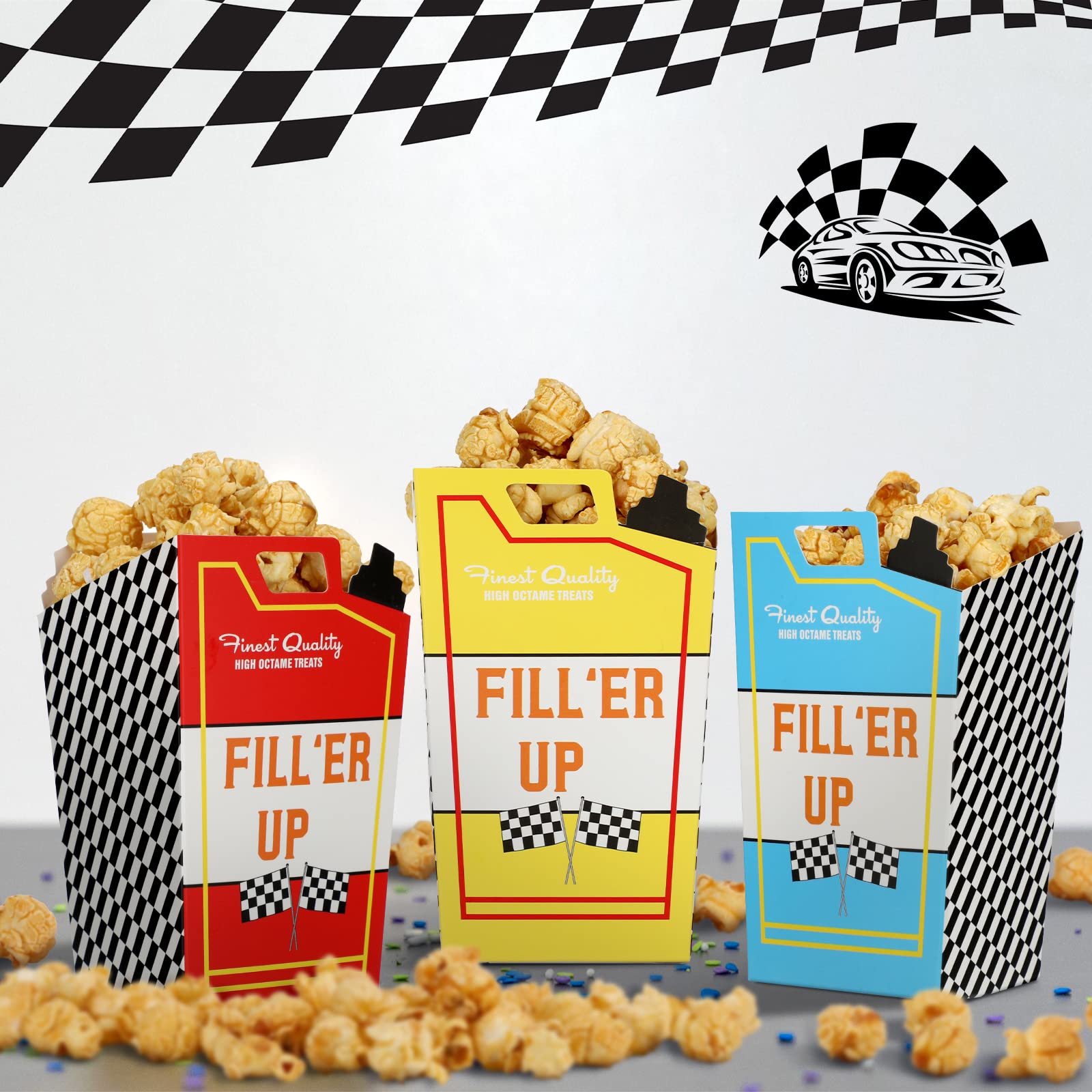 Outus 24-Piece Race Car Fuel Can Popcorn Treat Boxes - Candy & Cookie Containers for Racing Birthday Party, Baby Shower, Bridal Shower - Perfect Race Car Theme Party Favors & Decorations (Great for Kids' Birthday, NASCAR Themed Events & Automotive Celebrations)