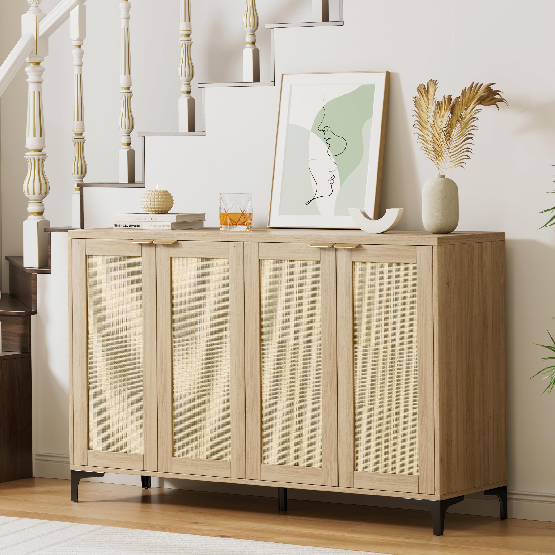 Rattan Sideboard Buffet Cabinet with 4 Doors, Adjustable Shelves & Metal Feet - Natural Wood Storage Console for Dining Room, Living Room | Perfect for Home Decor, Entertaining Guests & Organizing Dishes