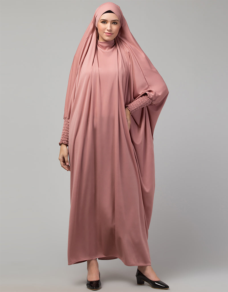 Elegant Arabic Smoking Sleeve Tie-Back Jilbab - Ready to Wear Full Size Knit Abaya in Mauve Pink | Perfect for Prayer, Modest Fashion & Special Occasions