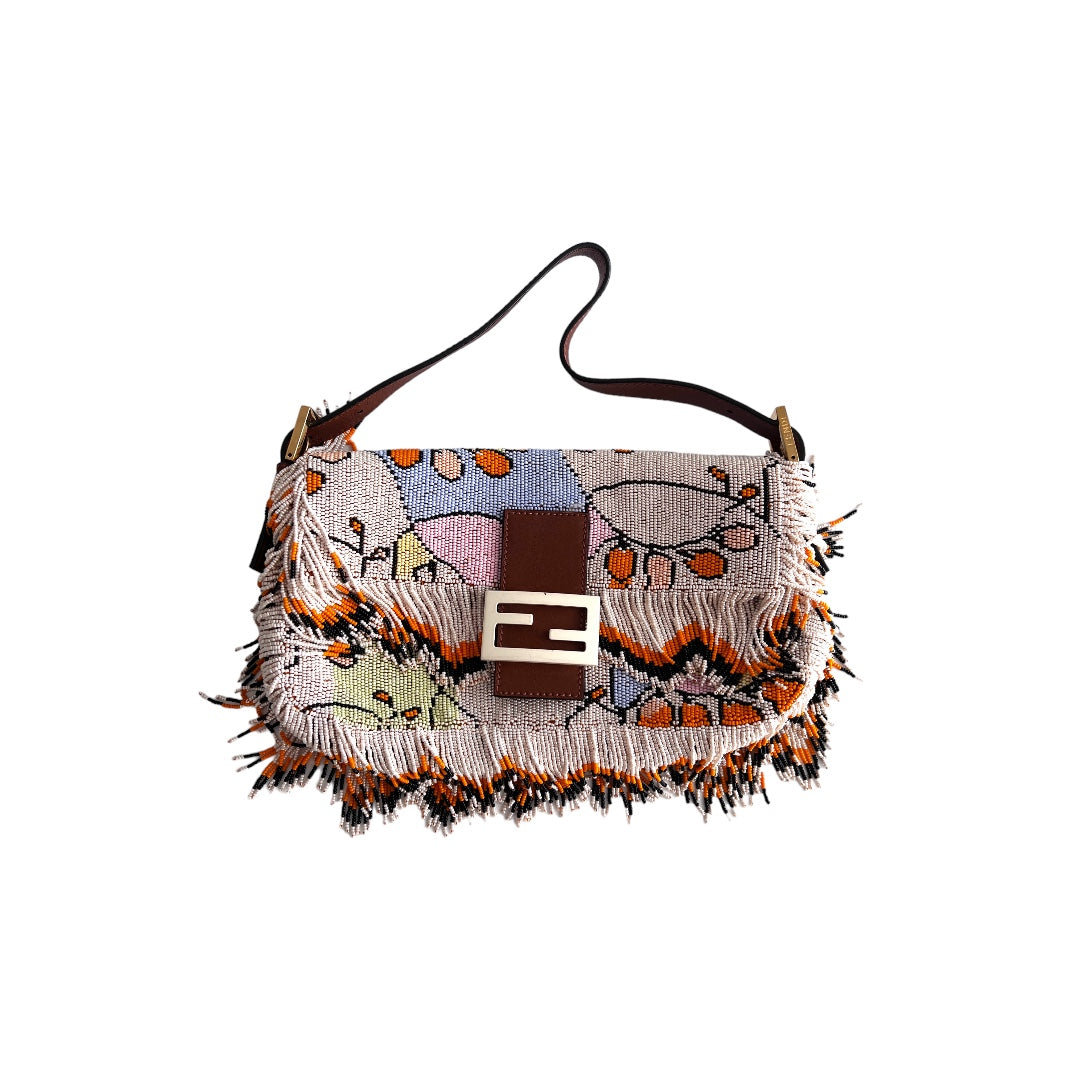 Fendi Beaded Baguette Bag with Fringe Detail - Elegant Crossbody Purse for Women, Perfect for Parties, Weddings & Evening Events