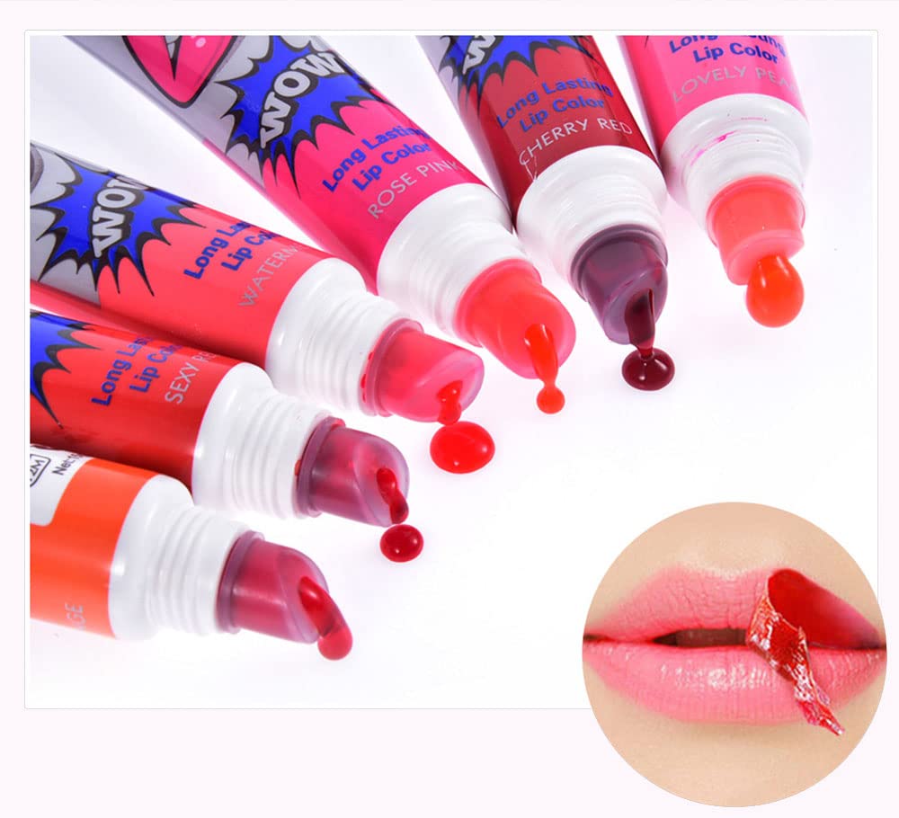6-Pack Long Lasting Peel-Off Lip Stain Gloss Set with Free Bonus Kraft Sticker Labels - 6 Vibrant Shades for Everyday Wear, Date Night & Special Occasions