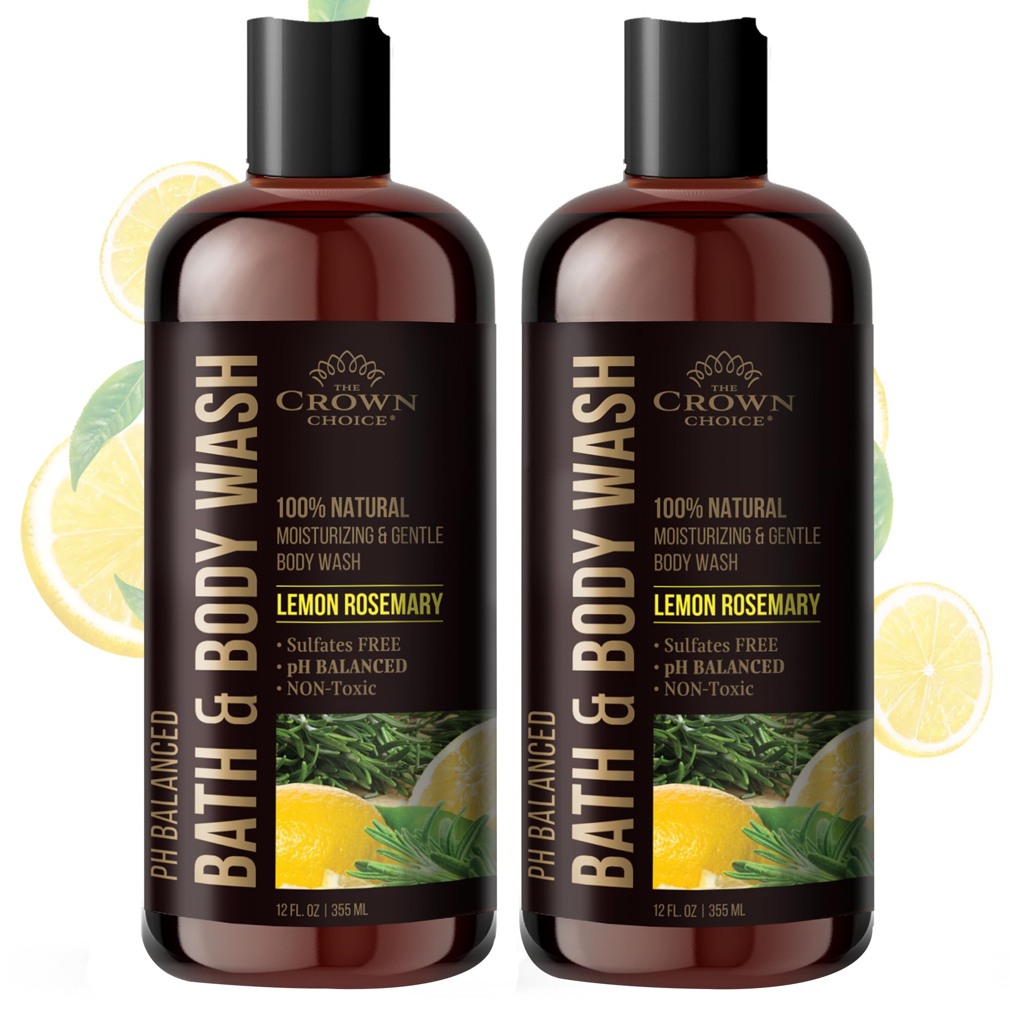 Organic Lemon Rosemary Body Wash for Women, Men & Kids - pH 5.5 Balanced, Sulfate-Free & Moisturizing - Natural Shower Gel for All Skin Types (12oz, Pack of 2) - Perfect for Sensitive Skin & Daily Hydration