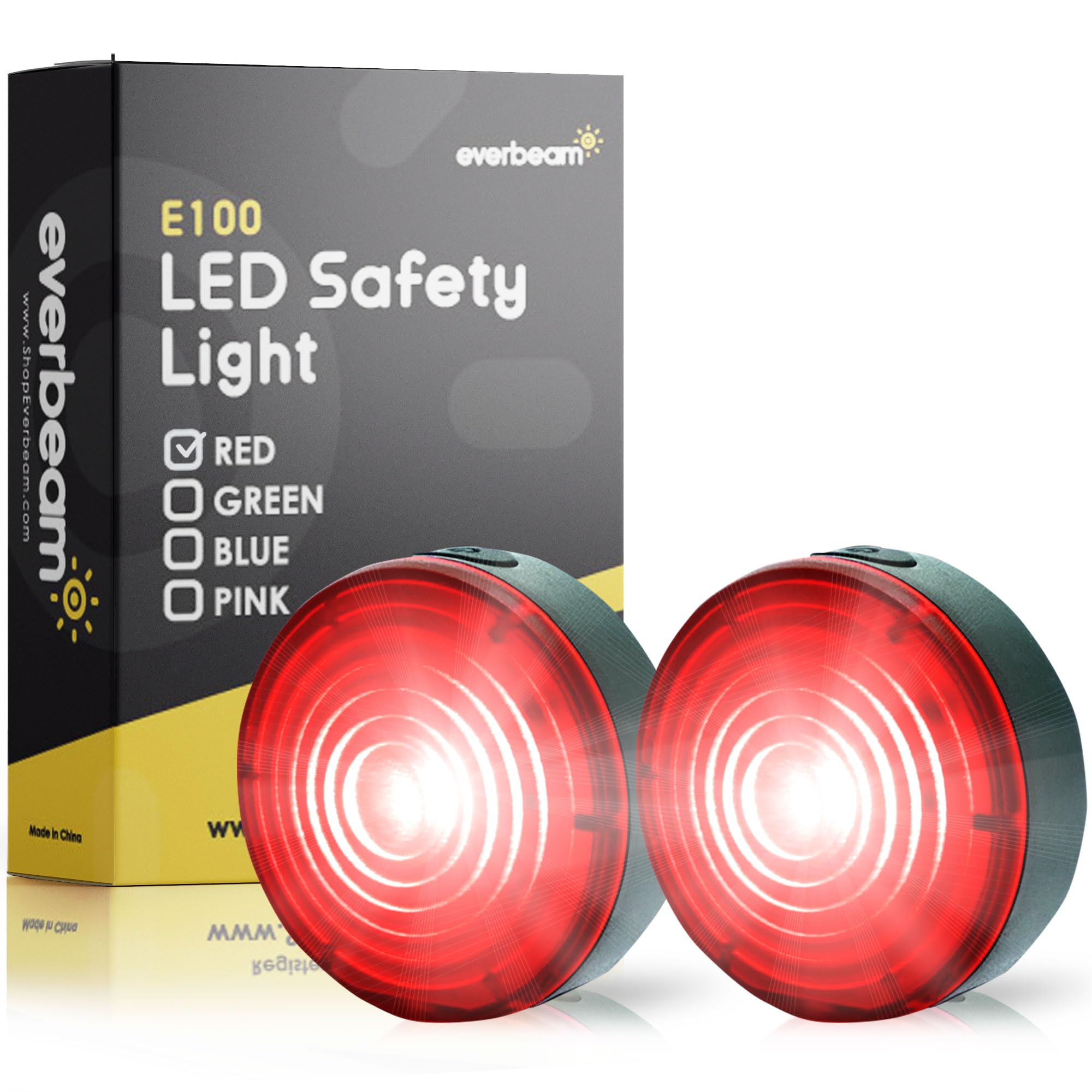 Everbeam E100 LED Safety Lights for Walking, Running, Cycling & Outdoor Activities - Waterproof Clip-On LED Light with Adjustable Straps (2 Pack, Red) - Perfect for Night Jogging, Dog Walking, Kayaking & Emergency Visibility