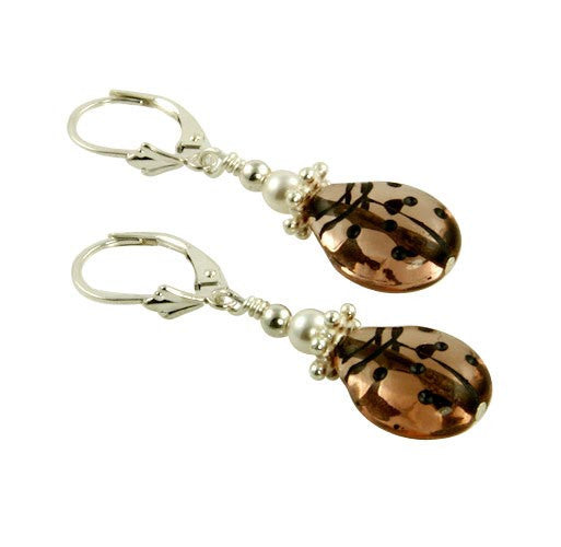 Elegant Pearl Mauve Ladybug Beaded Earrings for Women | Handmade Fashion Jewelry | Perfect for Parties, Weddings & Everyday Wear