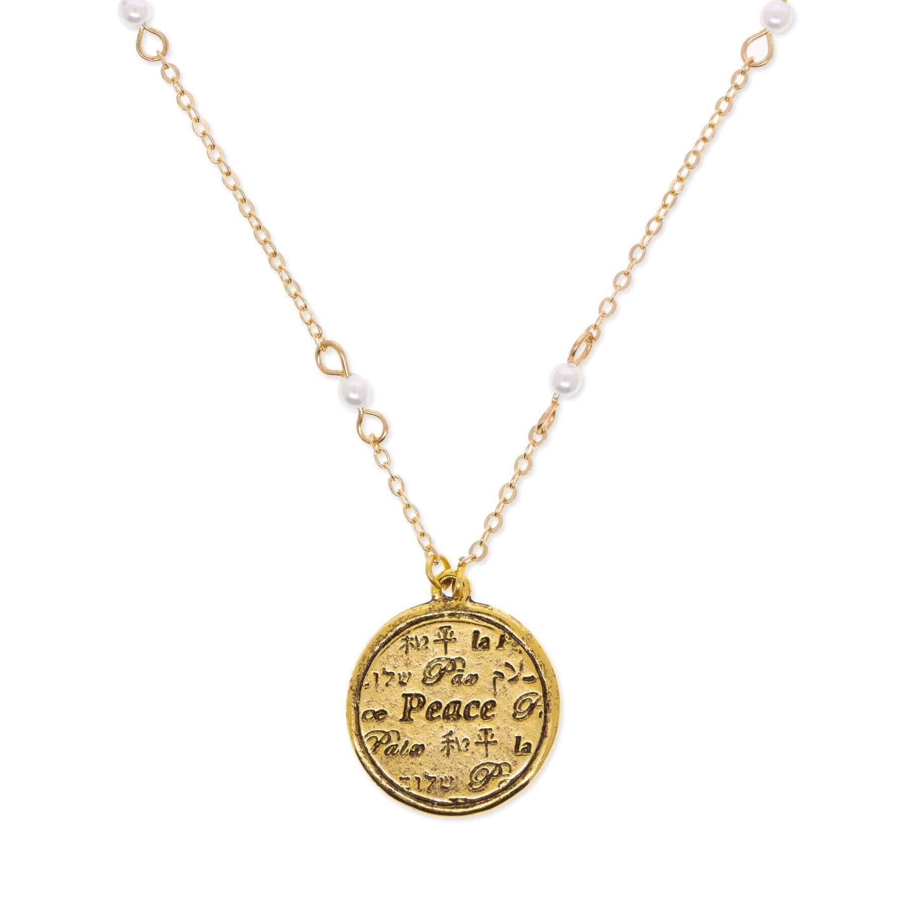 1928 Jewelry 3mm Faux Pearl Multilingual Peace Pendant Necklace - 17+3 Inch Adjustable Chain - Elegant Gift for Women, Bridesmaids & Peace Lovers (Perfect for Weddings, Anniversaries & Special Occasions)