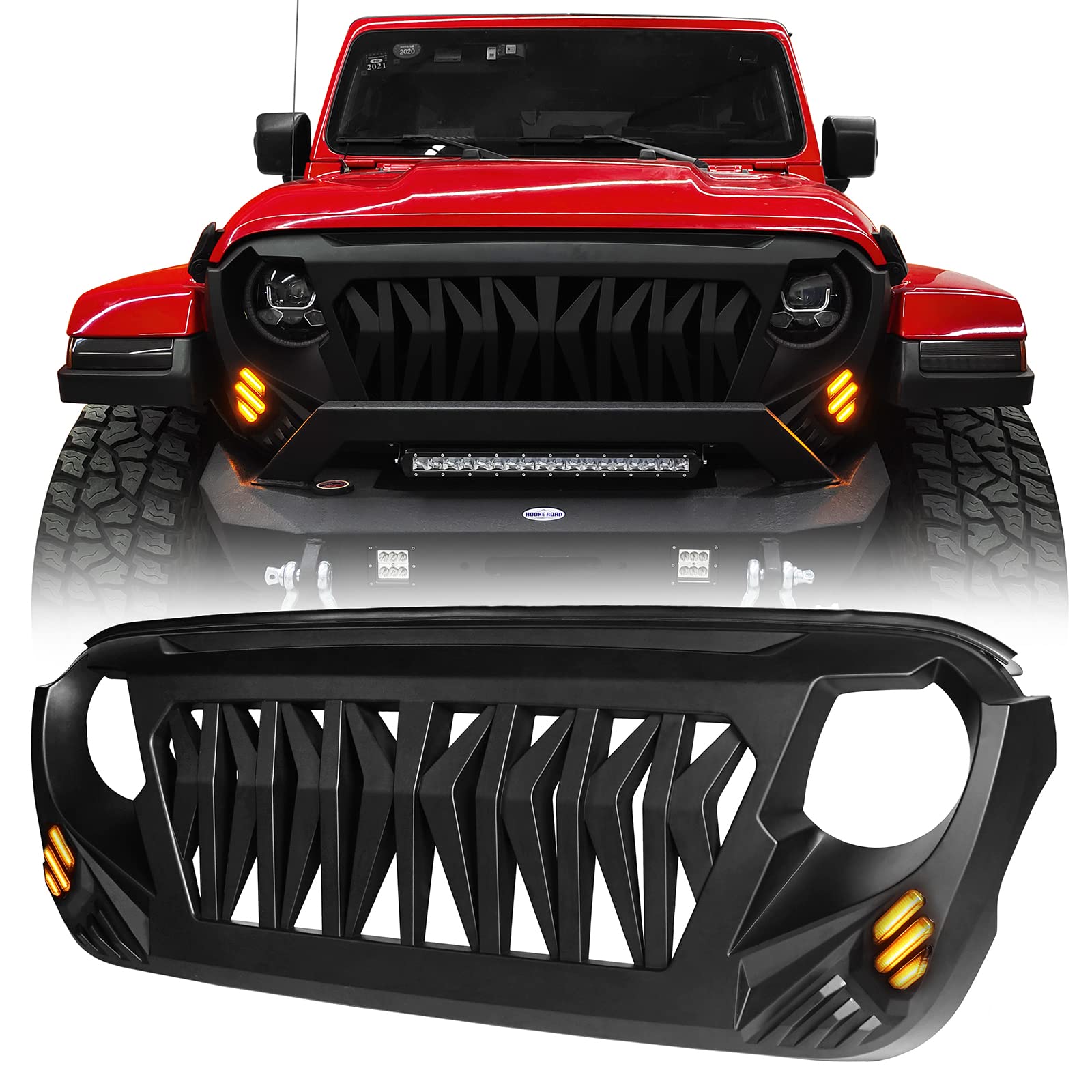 Hooke Road JL/JT Front Grill Cover Shark Grille Guard with Amber Signal Lights for Jeep Wrangler JL JLU & Gladiator JT 2018-2025 | Off-Road Protection & Stylish Upgrade for Adventure Enthusiasts