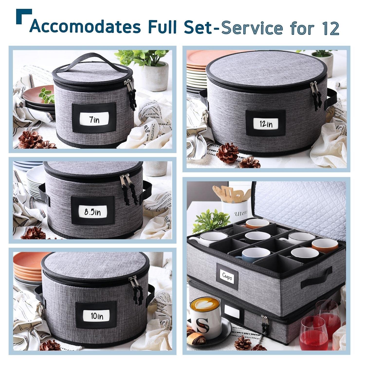 Premium 5-Piece Fine China Storage Set – Hard Shell Quilted Dish Organizer with Dividers, Stackable Mug & Plate Containers for Moving, Seasonal Storage & Kitchen Organization – Perfect for Home, Office & Restaurant Use