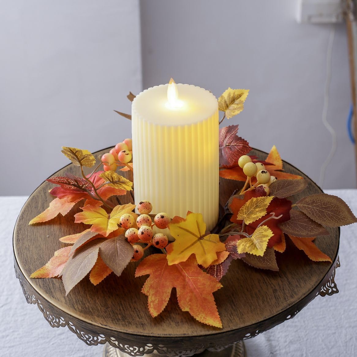 2 Pcs Artificial Maple Leaves Candle Rings with Orange Pip Berries - 3 Inch Center Wreath for Thanksgiving & Fall Decor - Perfect for Pillar Candles, Table Centerpieces, and Harvest Home Decor