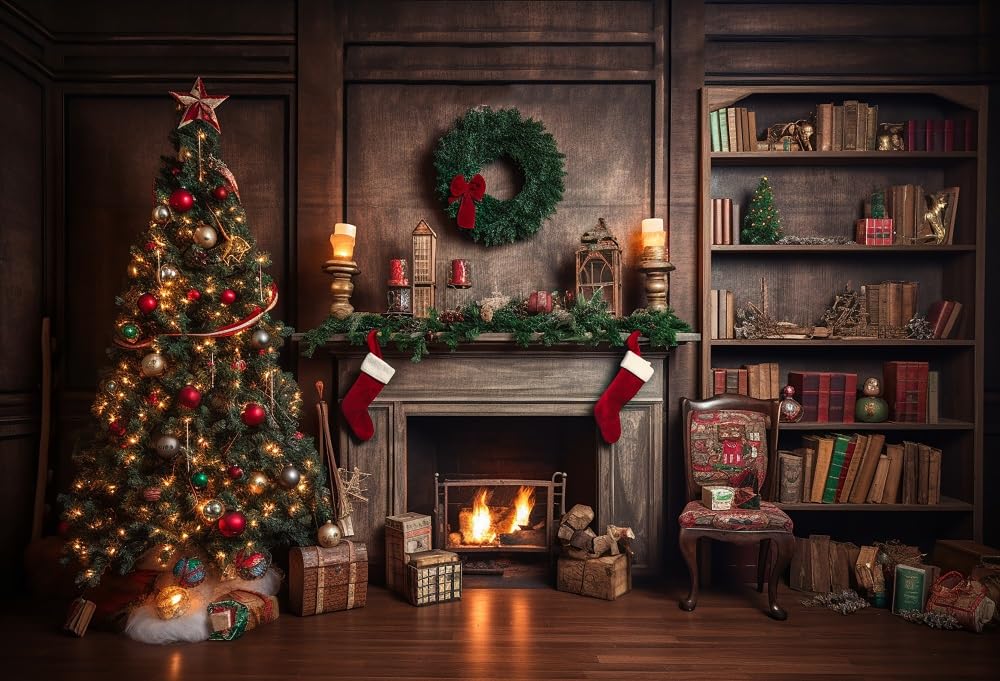 7×5ft Christmas Bell Tree Photo Backdrop with Wooden Floor & Fireplace - Xmas Photography Background for Family Party, New Year Celebrations, and Studio Props | Holiday Decor, Gift Wrapping, Social Media Content Creation