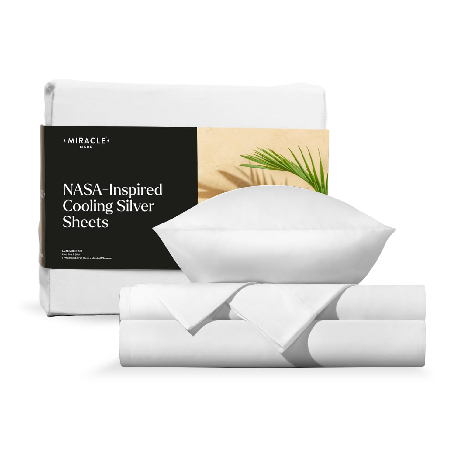Miracle Made® Luxe Cooling Bed Sheets Set - White, Queen Size - 4 Piece Silver Infused 300-Thread-Count Thermoregulating Sheets | Eucalyptus Fabric for Sensitive Skin | Ultra-Breathable Bedding for Hot Sleepers | Perfect for Summer Nights & Temperature Regulation
