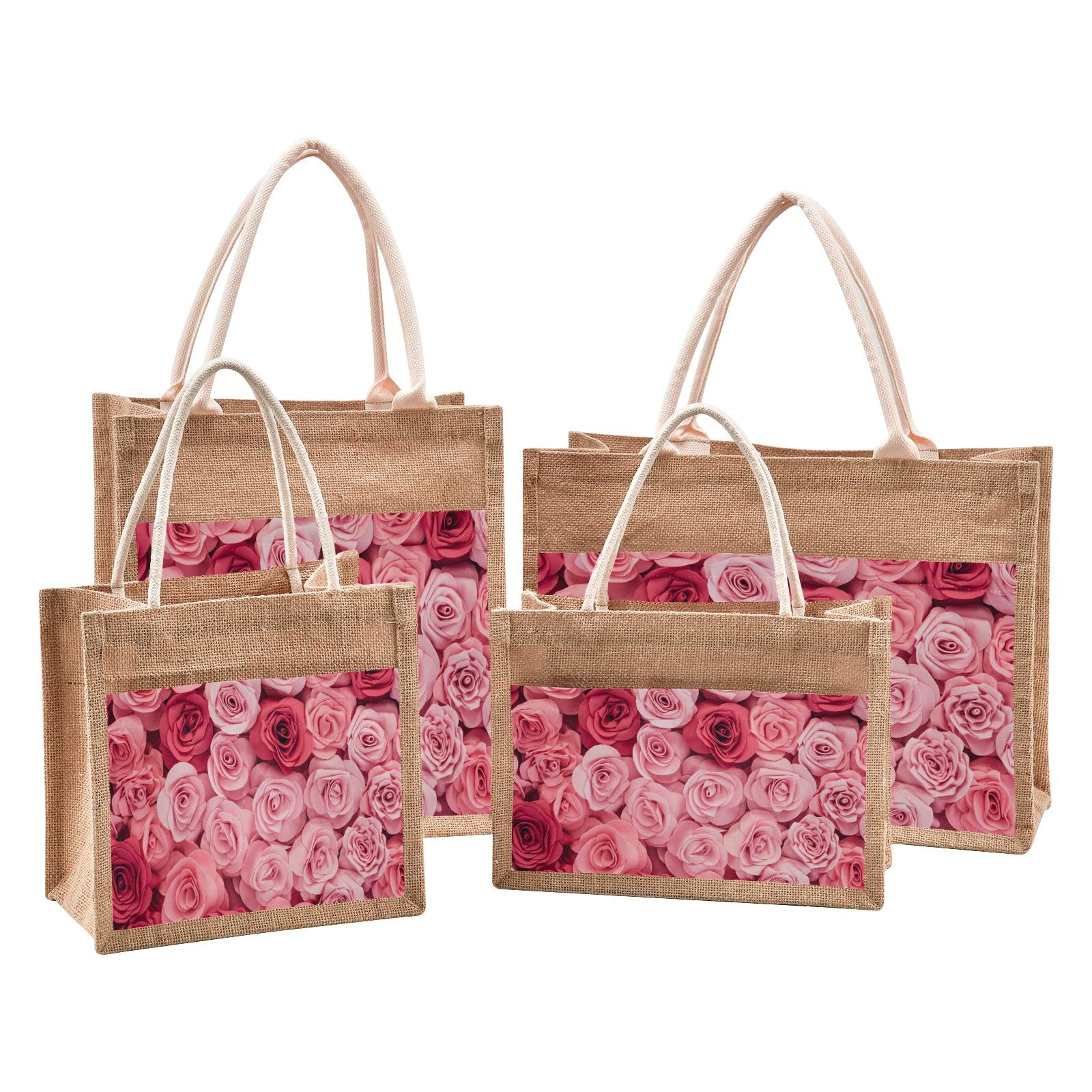 Stylish Pink Roses Jute Tote Bag for Women - Eco-Friendly Handbag with Handles for Grocery Shopping, Beach, Travel & Wedding | Perfect Gift for Her
