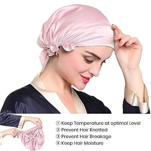 Luxury Silk Sleep Cap with Adjustable Ribbons for Women - Soft & Breathable Night Hair Cover for Sleeping, Travel & Spa