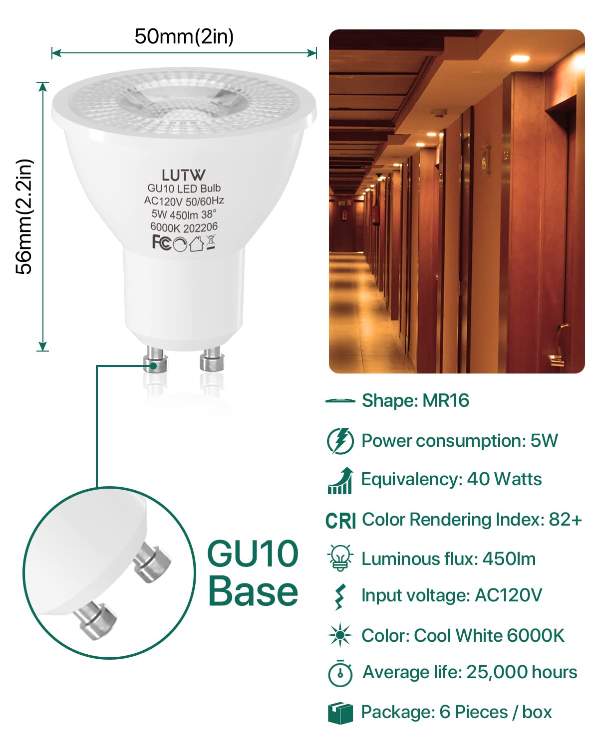 Dimmable GU10 LED Light Bulbs - 6 Pack, 40W Halogen Equivalent, 6000K Cool White, 450 Lumen MR16 Spotlights with 38° Beam Angle | Perfect for Recessed & Track Lighting in Homes, Offices, and Retail Stores