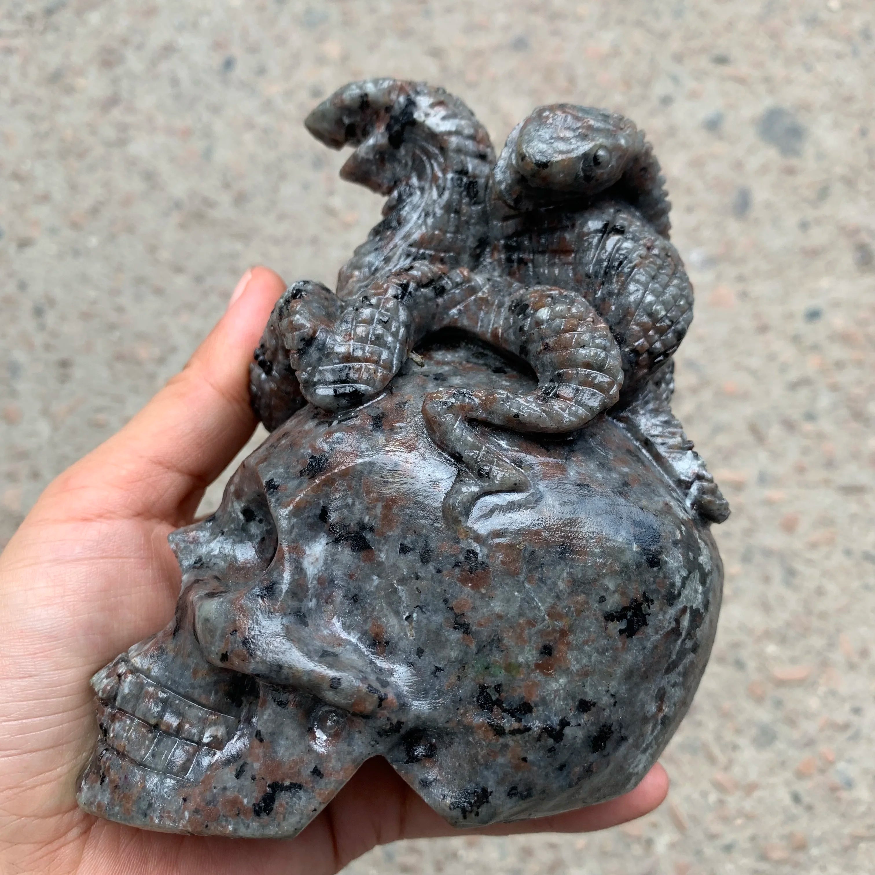 Natural Yooperlite Stone Carved Skull with Snake-Shaped Crystal - Handcrafted Statue for Home Decor, Office Display & Spiritual Healing