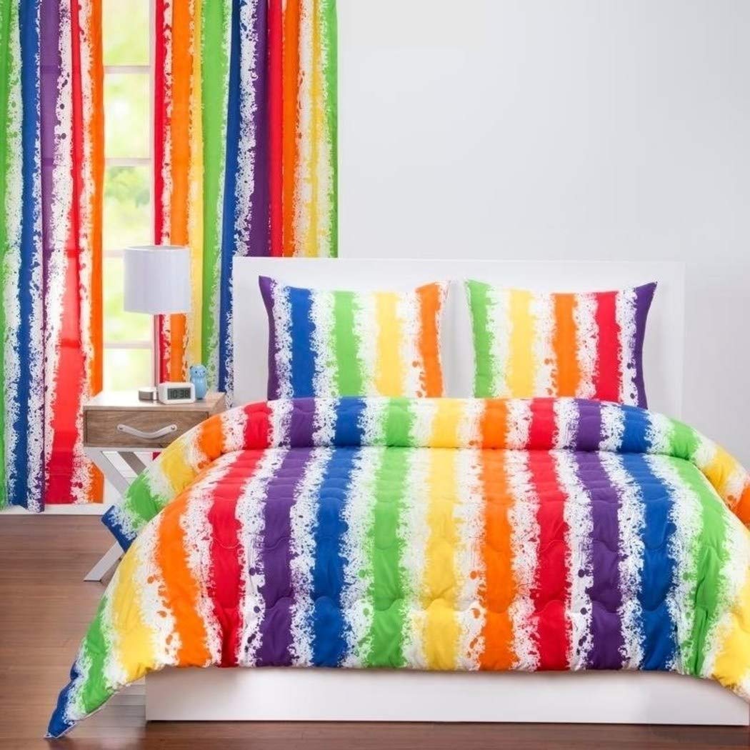 2-Piece Kids Twin Comforter Set - Rainbow Stripes & Boho Chic Reversible Design, Soft Plush Microfiber Bedding for Boys & Girls | Playroom, Nursery, Kids Bedroom Decor