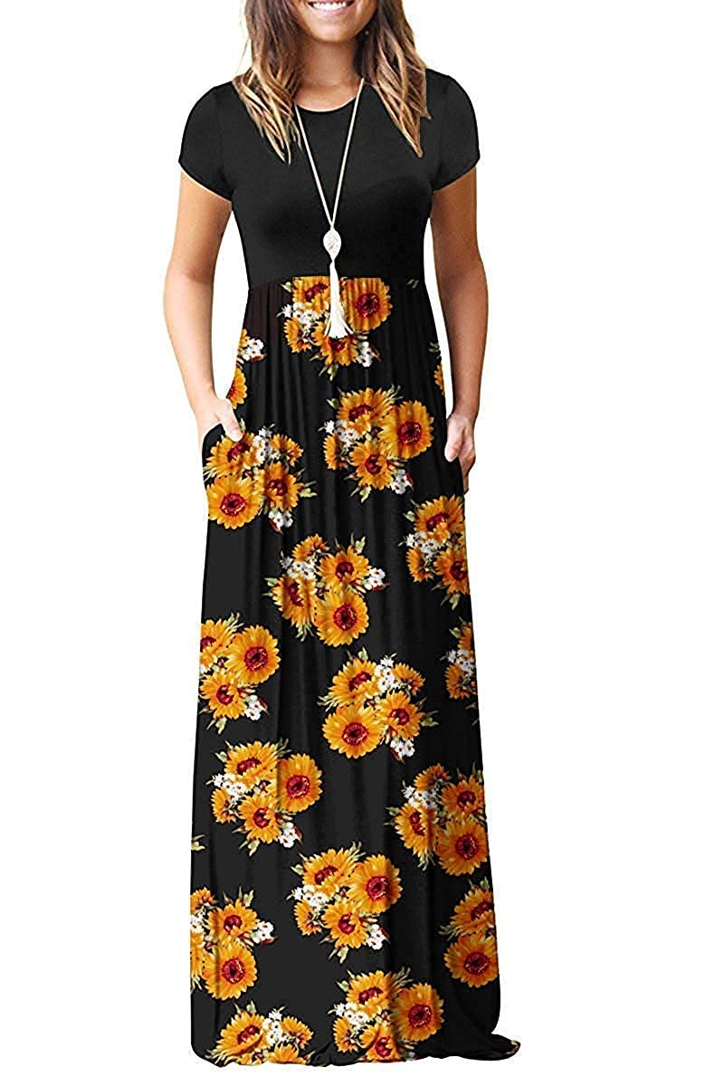 MISFAY Women's Casual Short Sleeve Loose Plain Maxi Dress with Pockets - Summer Beach, Vacation & Everyday Wear Long Dress