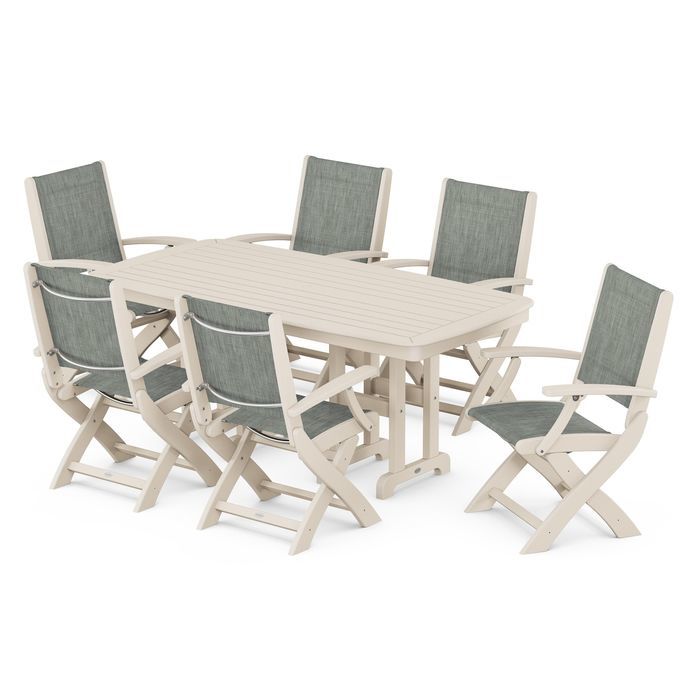 POLYWOOD Coastal Folding Arm Chair 7-Piece Outdoor Dining Set - Perfect for Patio, Deck, Poolside & Beachfront Entertaining