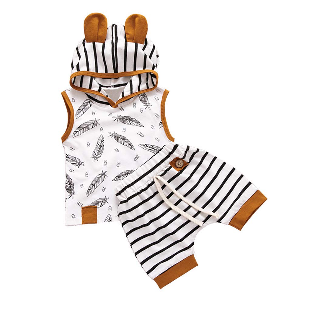 Adorable Newborn Baby Boy & Girl Hooded Feather T-Shirt with Striped Shorts Set - Soft Summer Outfit for Infants - Perfect for Playdates, Photo Shoots & Family Outings
