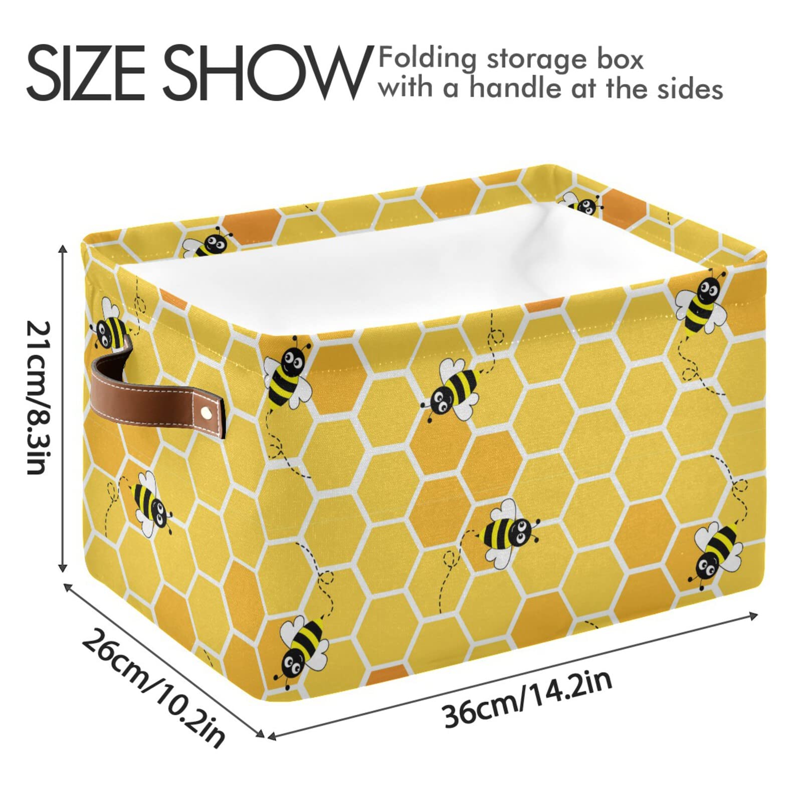 Honey Bee Collapsible Storage Basket with Leather Handles - Foldable Rectangular Storage Bin for Home, Nursery, Car & Office Organization | Space-Saving Home Decor & Toy Storage Solution