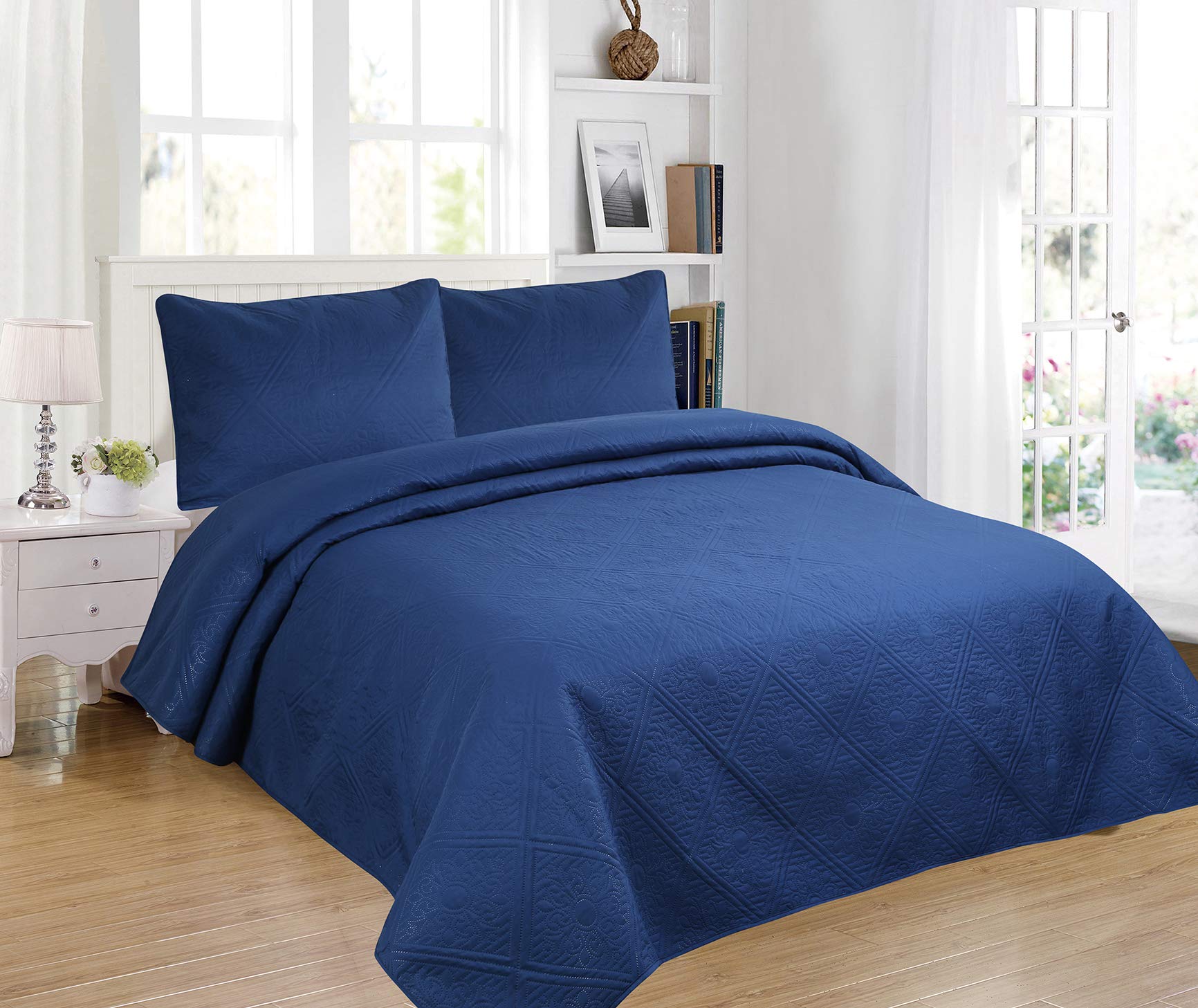 All American Collection 3-Piece Modern Contemporary Soft Comfy Bedroom Bedspread Quilt Set - Navy Blue Queen Size for Cozy Bedroom Decor & Guest Room Styling