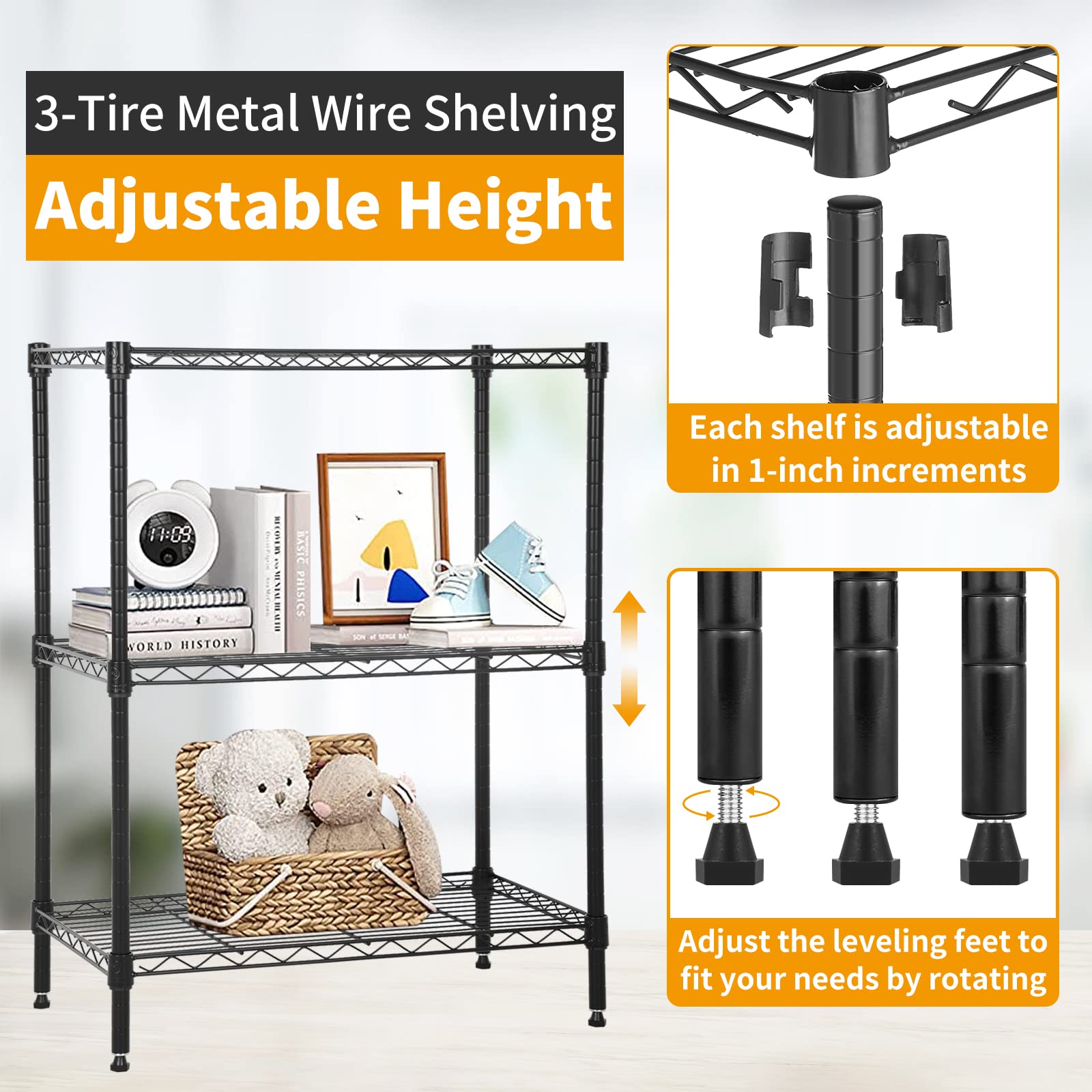 3-Tier Adjustable Wire Metal Shelving Unit with Leveling Feet - Heavy Duty Storage Rack (450lbs Capacity) - 13
