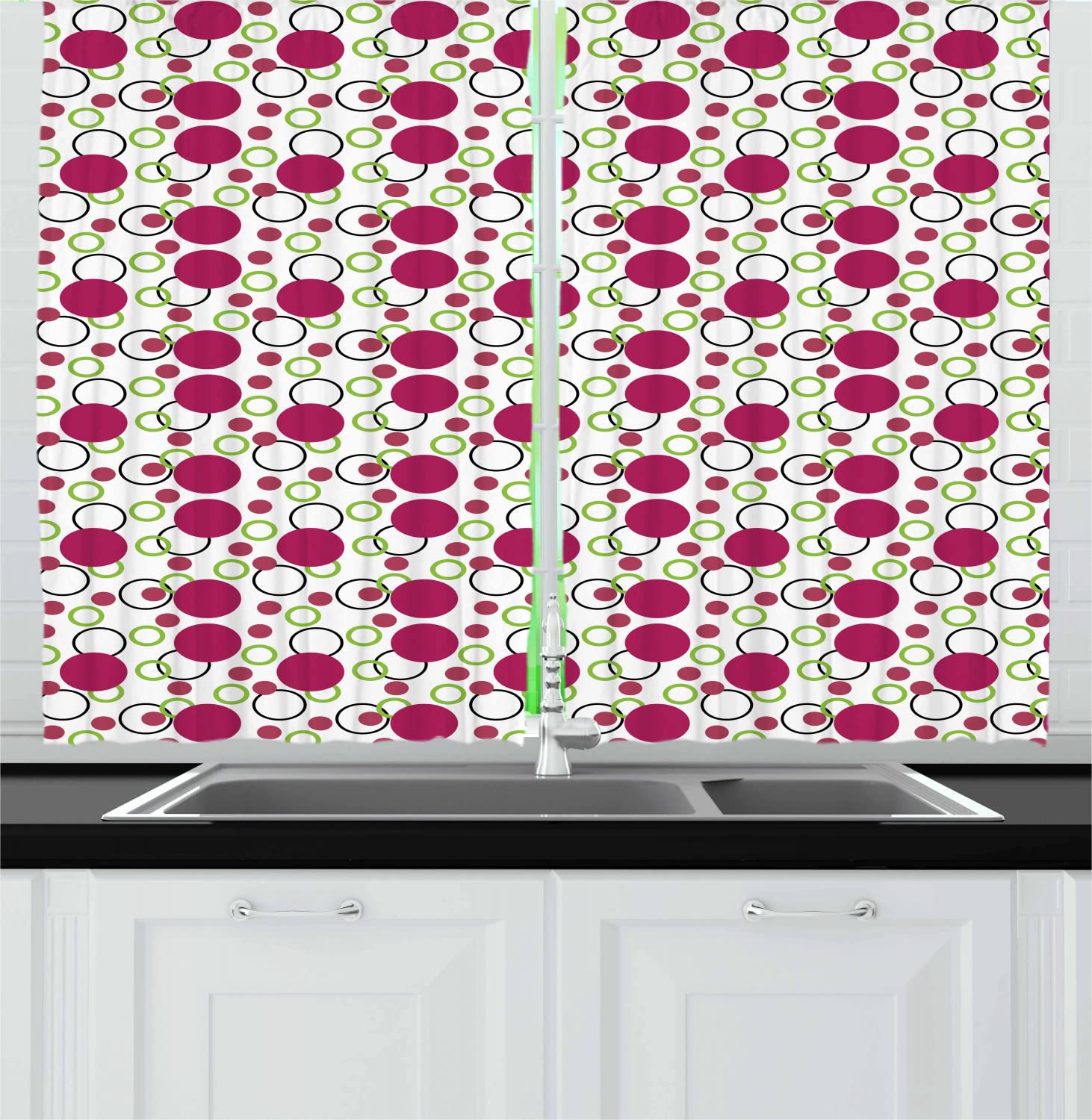 Ambesonne Pink and Green Long Kitchen Curtains - Geometric Retro Design with Circles & Dots Pattern, 2 Panel Rod Pocket Drapes for Windows (55x45 Inch) - Dark Pink Green Black - Perfect for Vintage Kitchen Decor & Dining Room Aesthetics