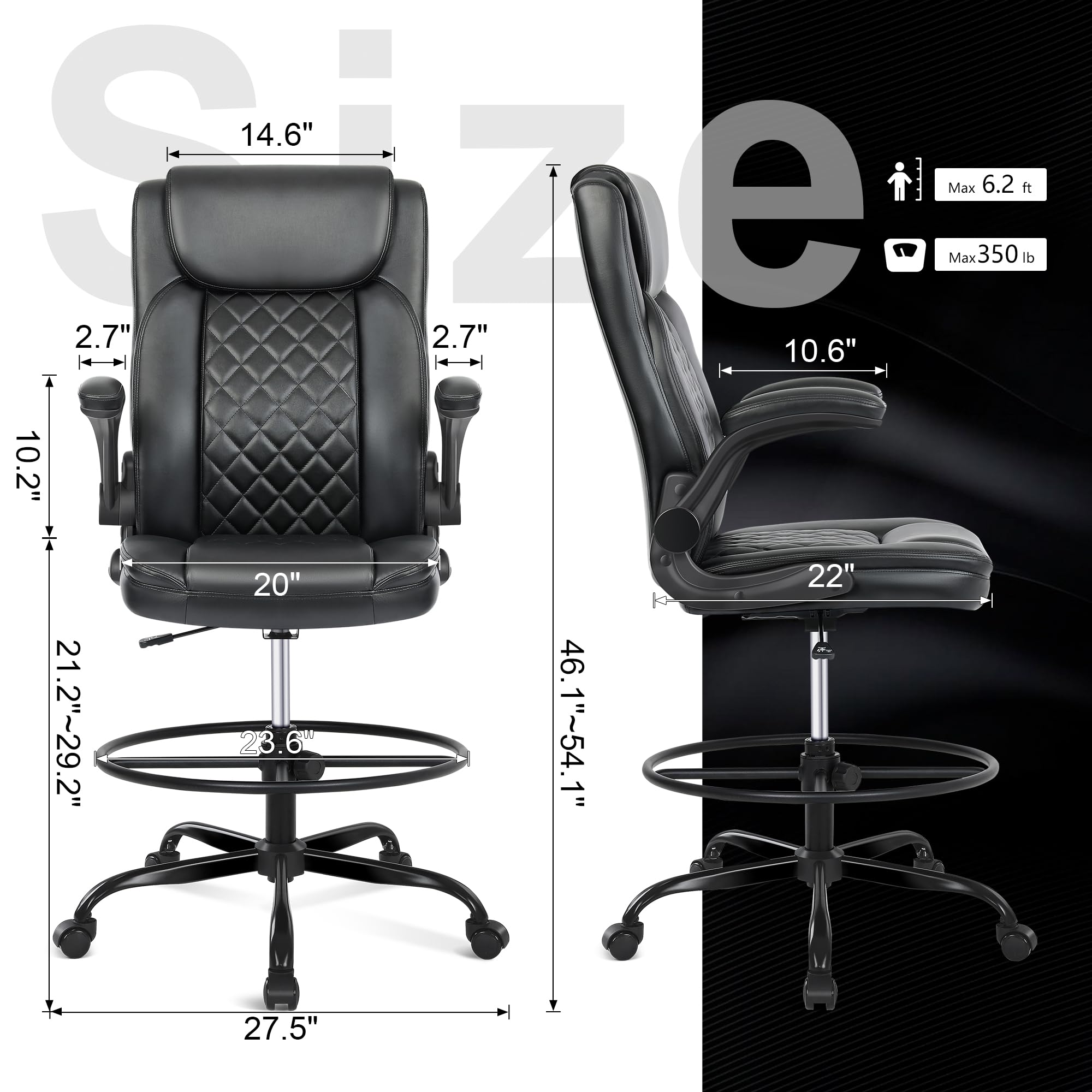 Ergonomic Adjustable Height Tall Office Chair - Leather Drafting Chair for Standing Desk, Home & Office Use - Perfect for Architects, Designers & Long Work Hours