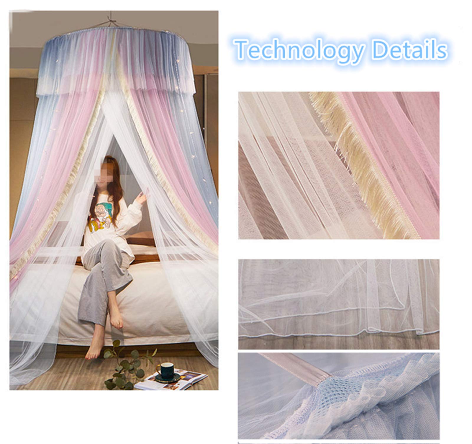 VETHIN Princess Bed Canopy for Girls - Double Layer Sheer Mesh Dome Bed Curtain with Round Lace, Mosquito Net Tent for Twin/Full/Queen/King Size Beds (Blue, Pink, White) - Perfect for Kids' Bedrooms, Nursery Decor, and Princess-Themed Sleepovers