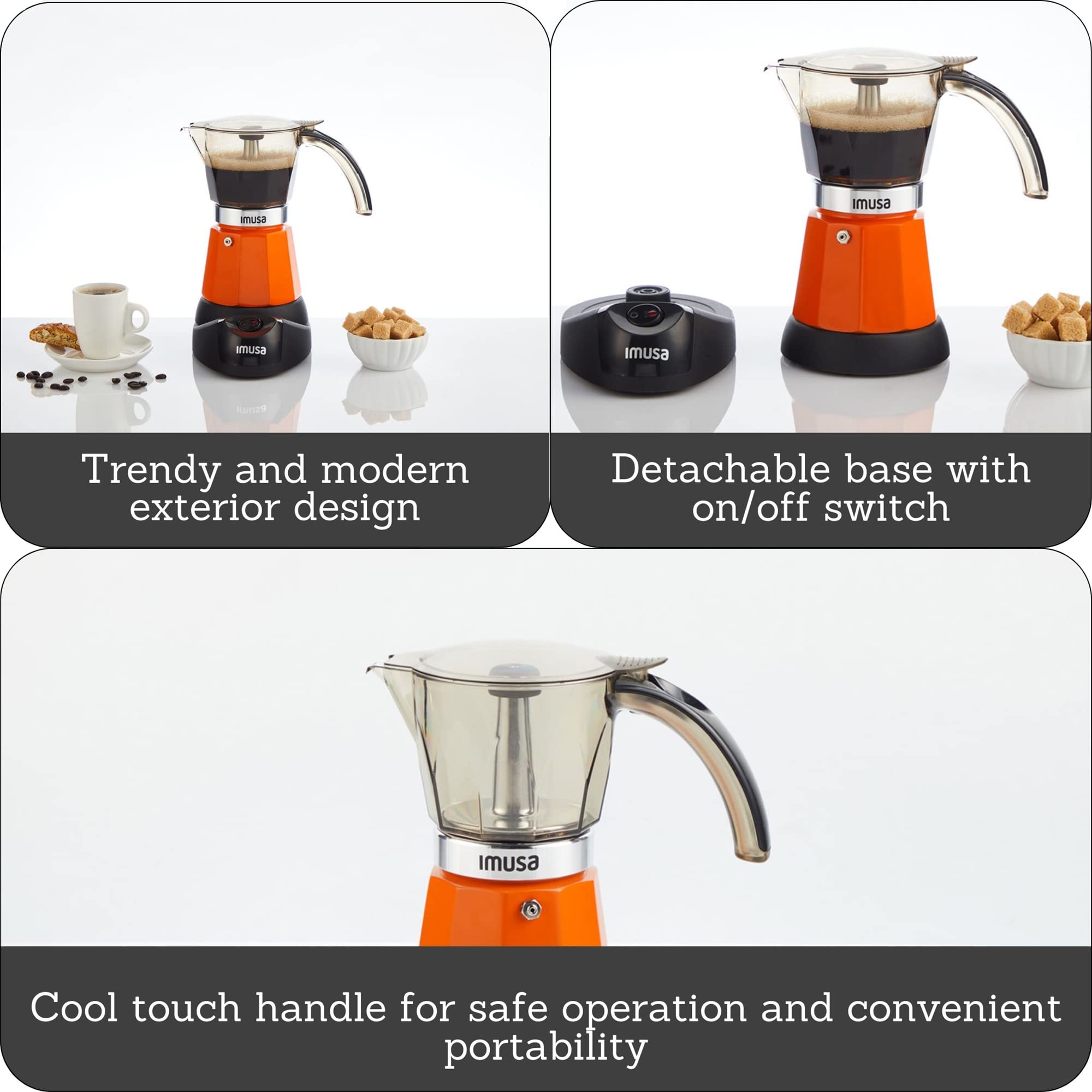 Imusa 6-Cup or 3-Cup Electric Espresso Coffee Maker Machine - Orange - Perfect for Home, Office & Small Kitchens