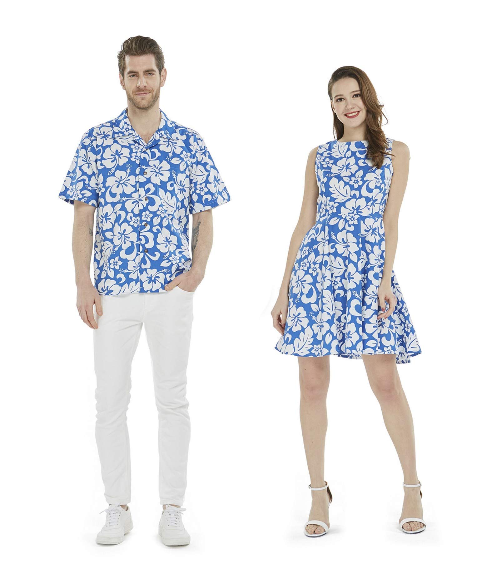 Vintage Hawaiian Luau Cruise Matching Couple Outfits - Classic White Aloha Shirts & Dresses for Tropical Vacations, Beach Parties & Honeymoon Getaways