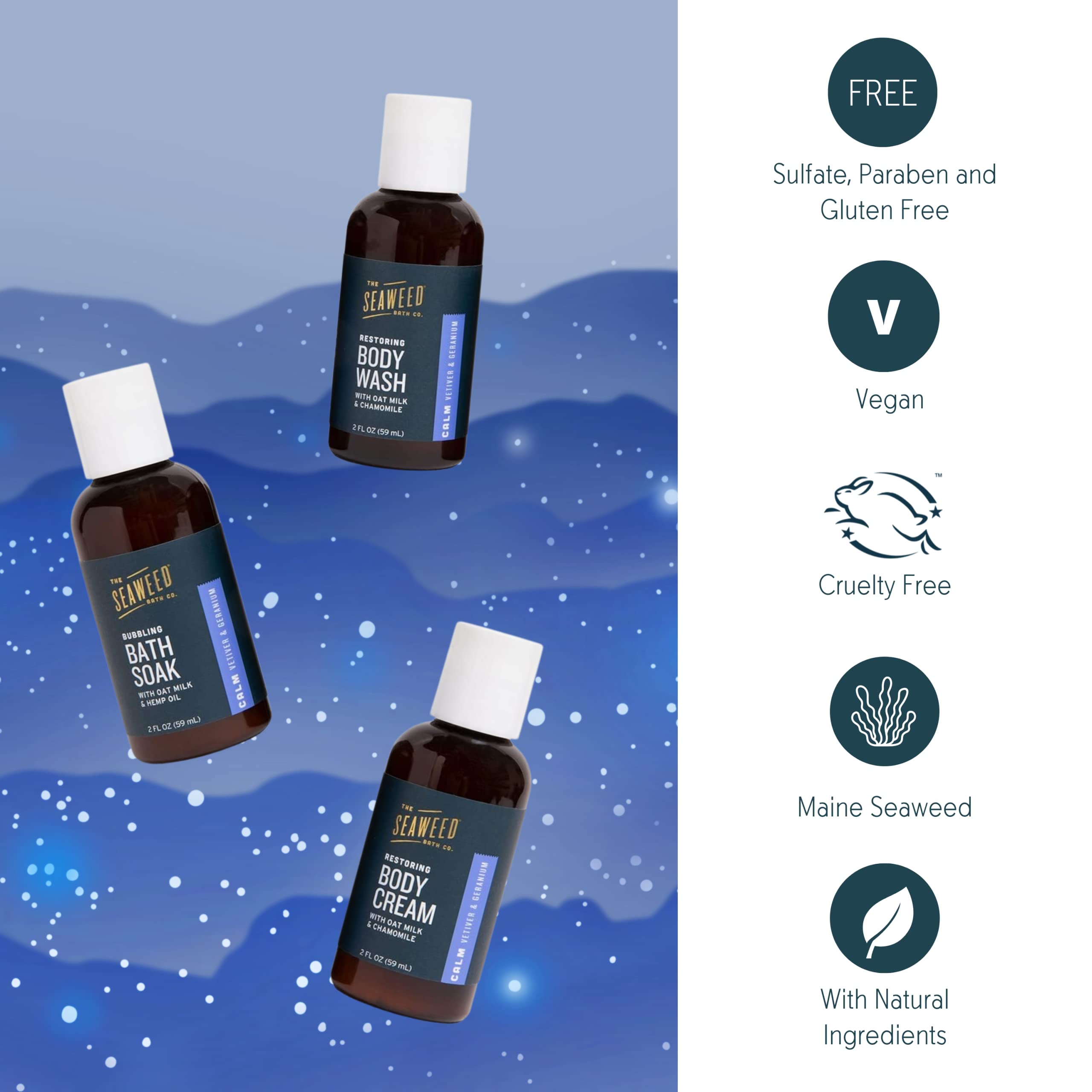 The Seaweed Bath Co. Sleep Body Wash, Body Cream & Bath Soak Gift Set - Calming Vetiver & Geranium Scent | Vegan, Paraben-Free, 6 fl oz | Relaxing Nighttime Bath Routine for Better Sleep