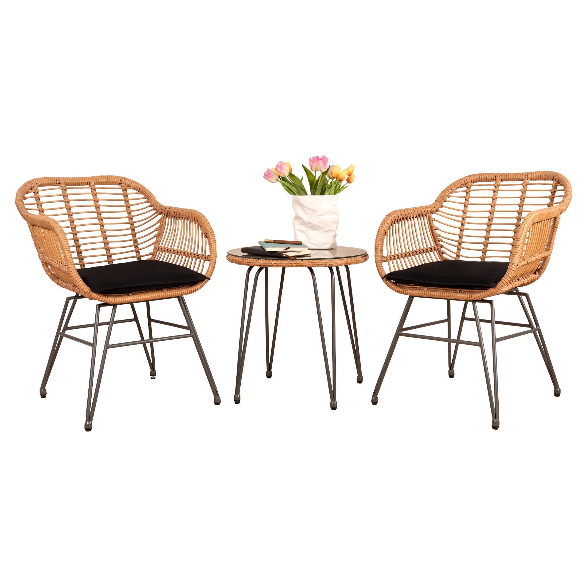 3-Piece Outdoor Wicker Patio Bistro Set - Rattan Conversation Furniture for Balcony, Porch, Poolside & Garden - Weather-Resistant Black Wicker Chairs & Table - Perfect for Outdoor Dining, Lounging and Entertaining Guests