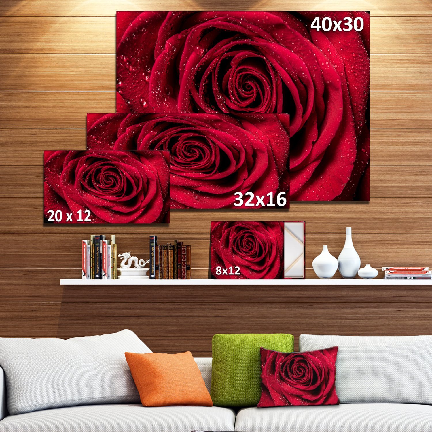 Designart (DET43) Red Rose Petals in Rain Droplets Canvas Wall Art Print - 20x12 Inches, Vibrant Red Floral Painting - Perfect for Living Room, Bedroom & Office Decor