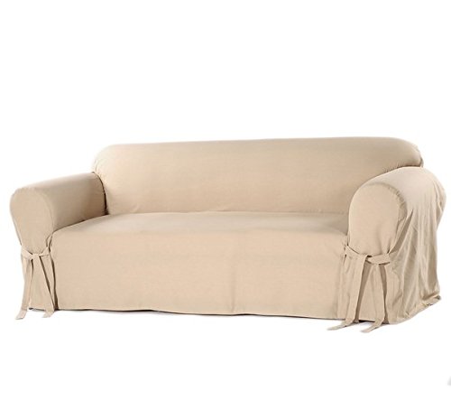 Light Khaki Cotton Duck Sofa Slipcover - Relaxed Fit with Arms, Straight Skirts & Bowties | Home Decor Couch Cover for Living Room, Family Room & Office