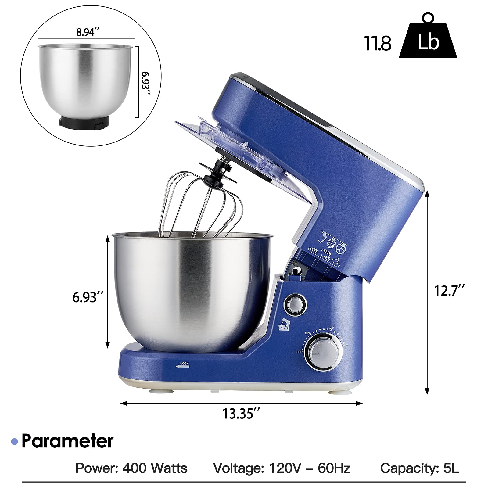 CUSIMAX 5-QT Stand Mixer with Stainless Steel Bowl - Tilt-Head Electric Kitchen Mixer Includes Dough Hook, Beater & Whisk - Splash Guard, Blue - Perfect for Baking Cakes, Cookies & Kneading Dough