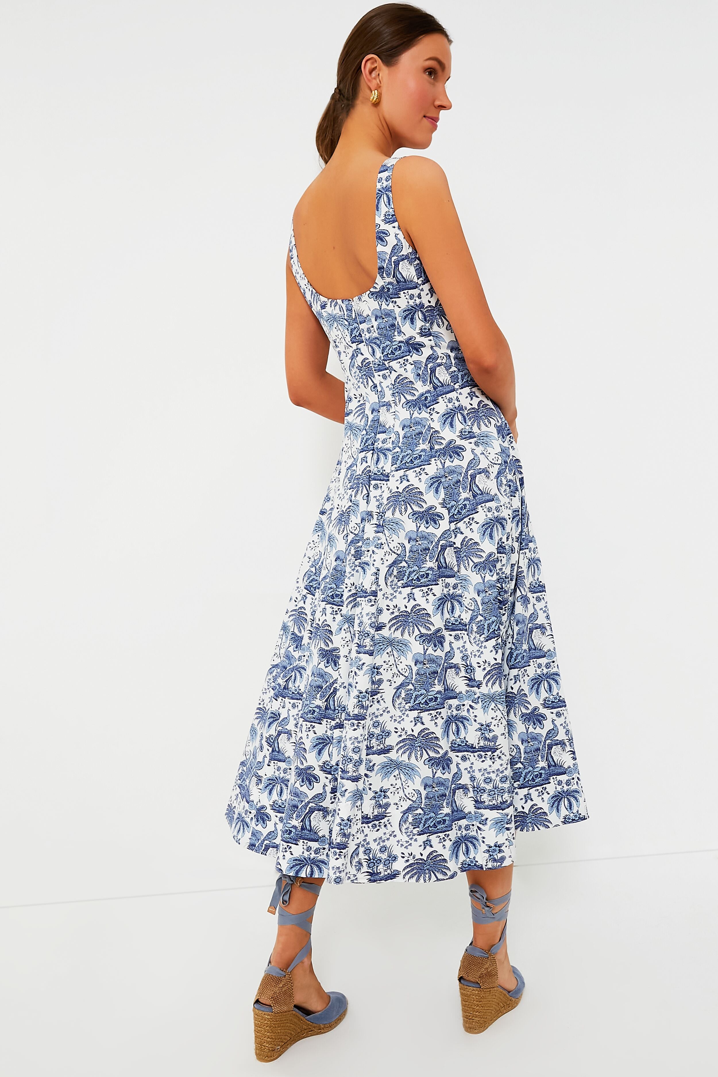 Blue Toile Wells Dress - Vintage Floral Print A-Line Dress for Women | Perfect for Garden Parties, Brunch & Summer Weddings