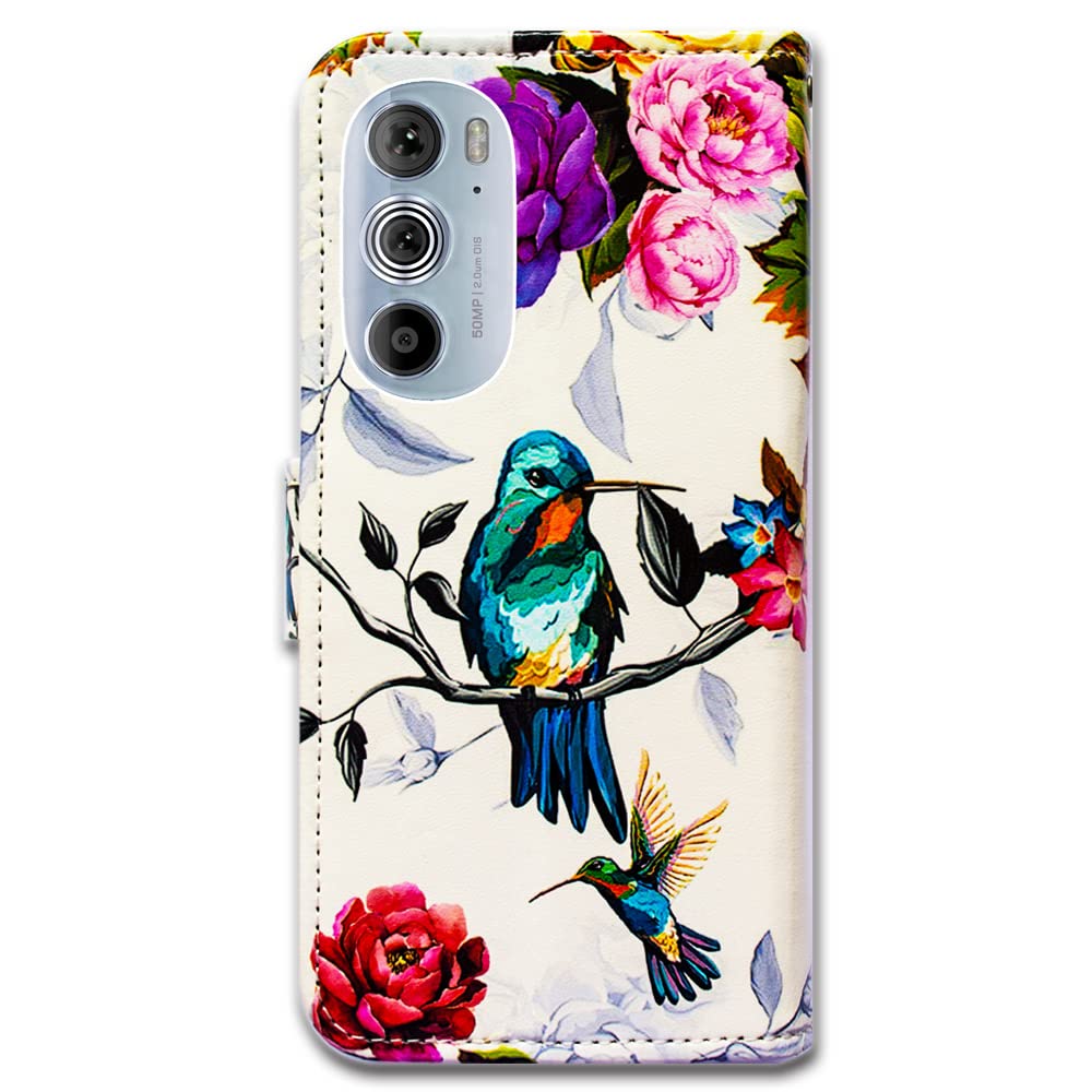 Motorola Edge Plus 2022 Case - Premium Leather Flip Wallet Cover with Card Slots & Kickstand | Beaucov Hummingbird Flower Design | Protective Phone Case for Motorola Moto Edge Plus 2022/Edge+ 2022 | Perfect for Business, Travel & Everyday Use