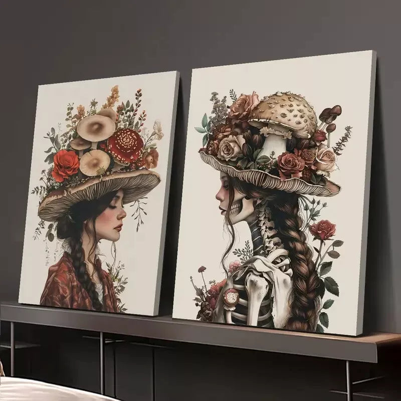 2PCS Mysterious Style Skull with Mushrooms & Flowers Oil Painting Canvas Wall Art - 50x75cm Framed High Quality Print - 100% Australian Made - Ready to Hang for Living Room, Bedroom & Office Decor