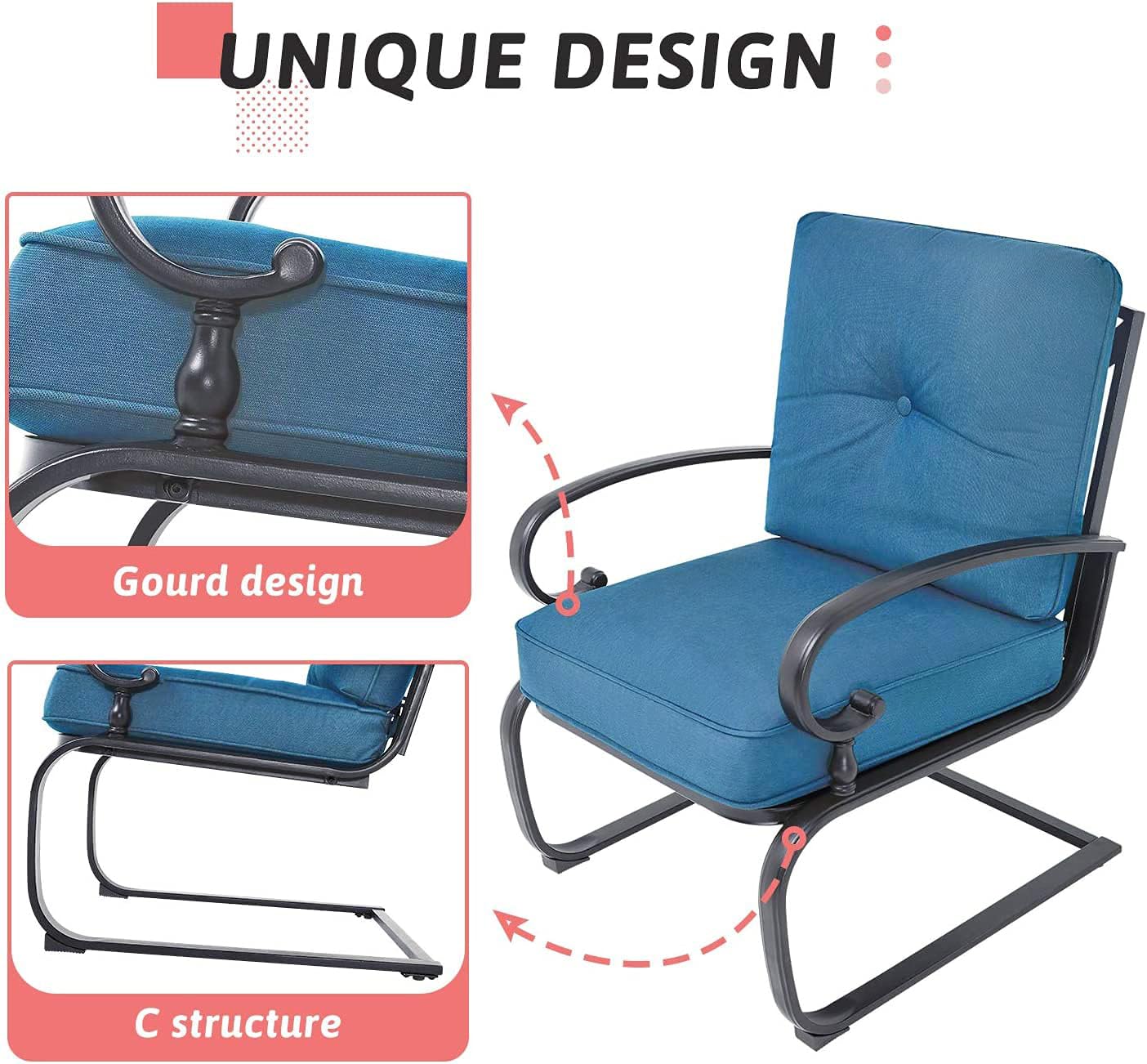 SOLAURA 4-Piece Outdoor Patio Furniture Set - Peacock Blue Glider Loveseat Swing, Spring Lounge Chairs & Side Table - Perfect for Garden, Deck, Balcony, Poolside & Lawn Relaxation | Durable Weather-Resistant Conversation Set for Outdoor Entertaining
