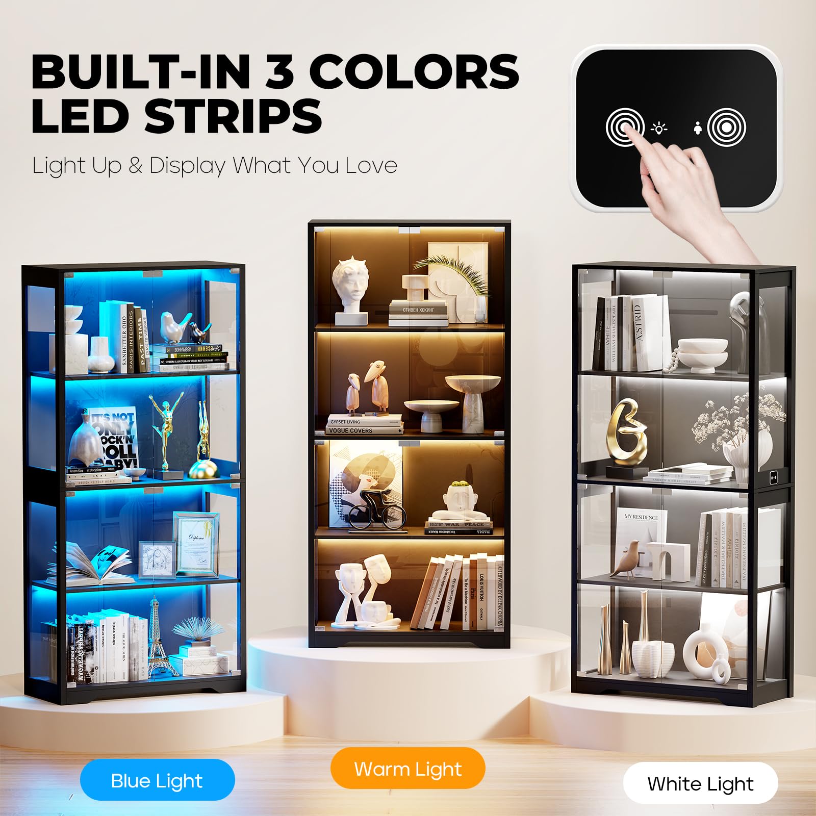 4-Tier Glass Display Cabinet with LED Lights & Motion Sensor - Black Curio Cabinet for Collectibles, China, Figurines | Perfect for Living Room, Bedroom, or Office Decor
