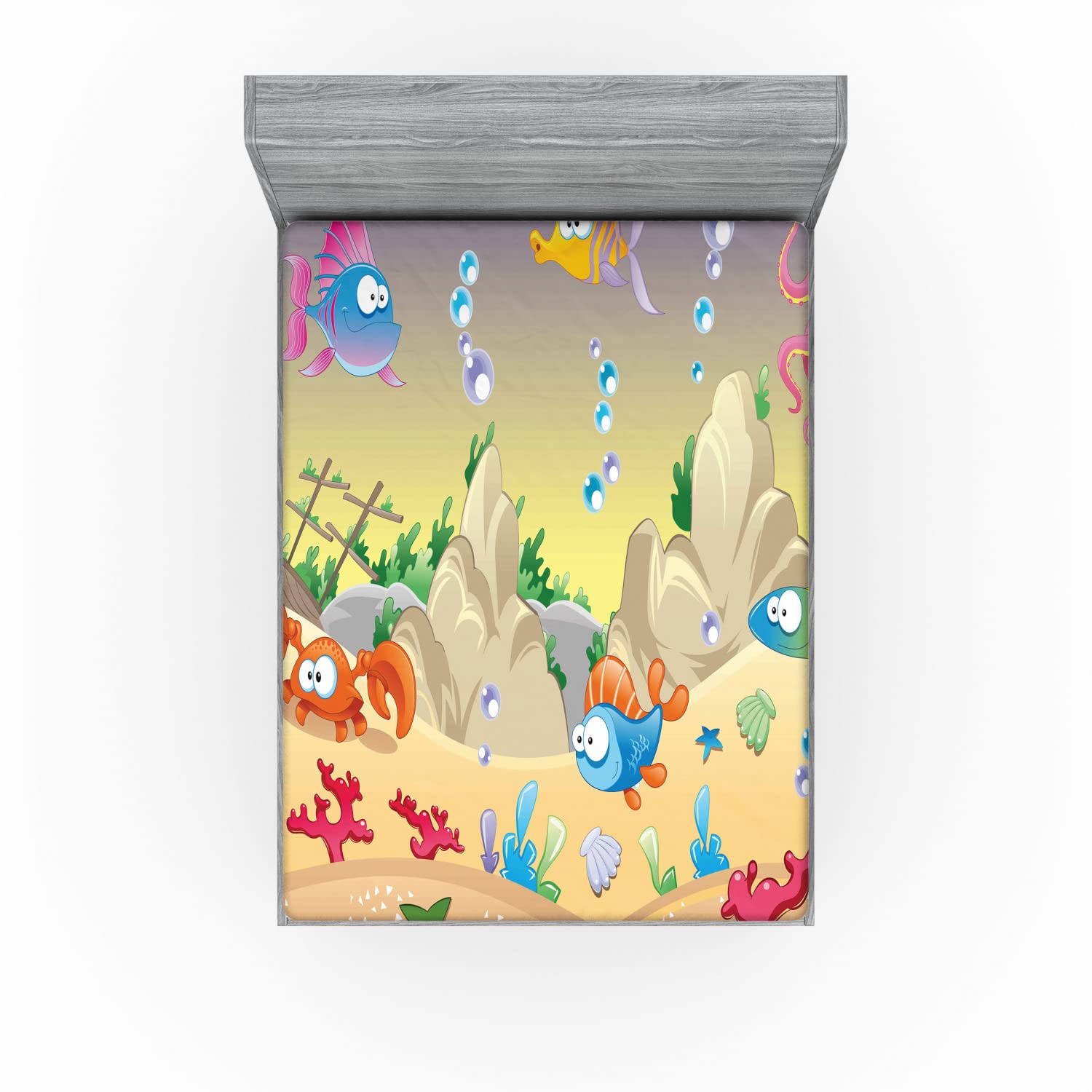 Ambesonne Underwater Fitted Sheet - Queen Size Cartoon Sea Animals & Coral Reef Design, Deep Pocket Elastic Bed Cover - Perfect for Kids' Rooms, Beach Themed Bedrooms & Ocean Lovers