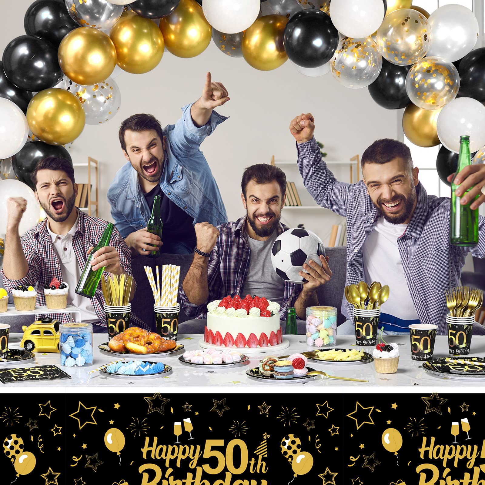 Black and Gold 50th Birthday Decorations for Men & Women - Anniversary Balloons, Tablecloth, Tableware Set for Party Guests - Perfect for Milestone Celebrations & Special Events