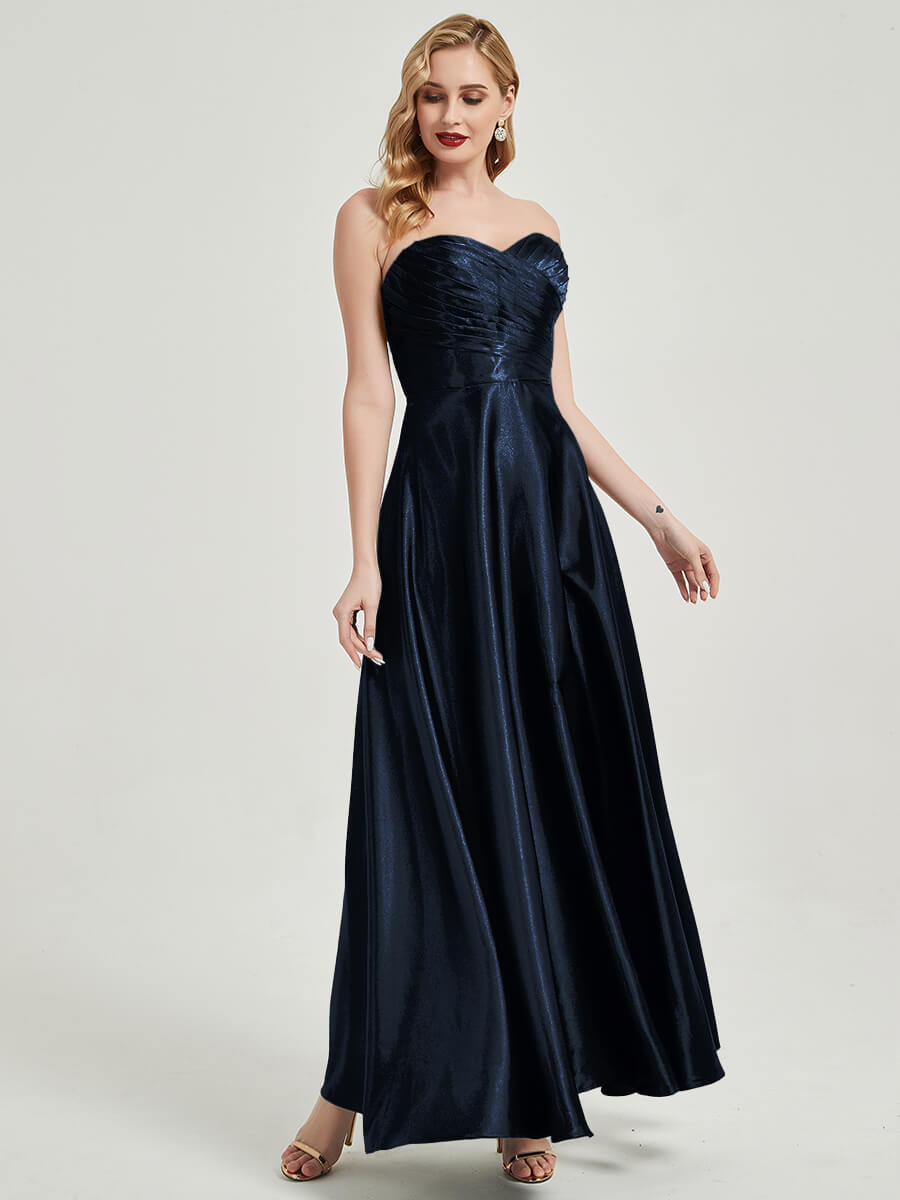 Elegant Dark Navy Satin Sweetheart Strapless Maxi Pleated Bridesmaid Dress for Weddings, Formal Events & Special Occasions