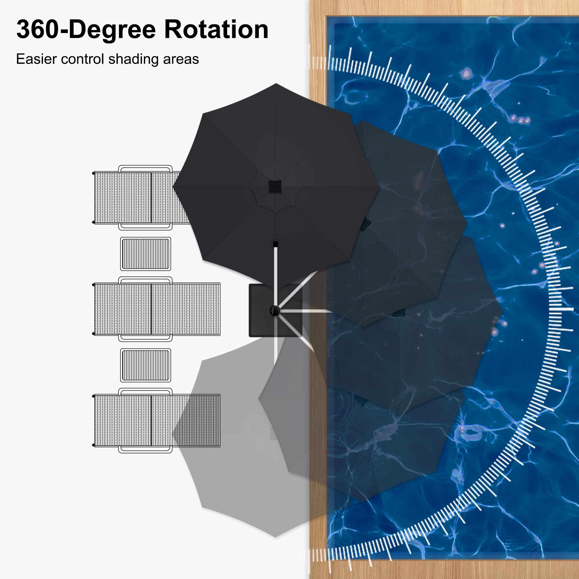 PURPLE LEAF 11ft Solar Powered LED Patio Umbrella - Large Windproof Cantilever Outdoor Umbrella with LED Lights - Heavy Duty Sun Shade for Garden, Deck, Pool & Backyard (Black) | Perfect for Outdoor Dining, Lounging and Entertaining