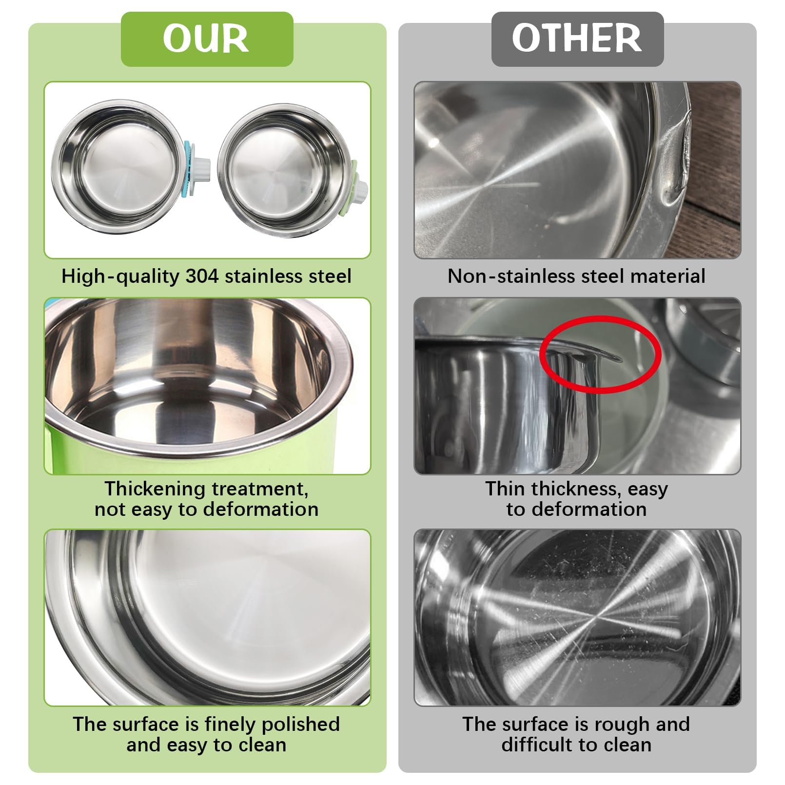Kathson Removable Stainless Steel Hanging Pet Bowl - 2 Pack Dog Food & Water Feeder for Kennel, Cage, Coop - Perfect for Puppies, Cats, Rabbits & Guinea Pigs (Blue & Green) - Ideal for Travel, Camping & Outdoor Use
