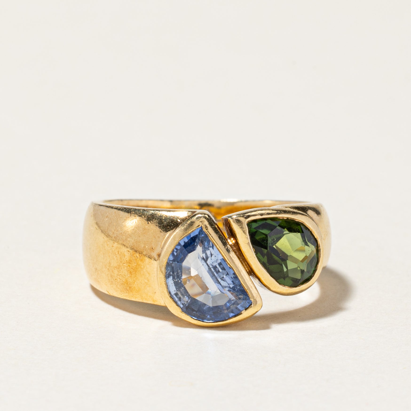 18K Yellow Gold Sapphire & Tourmaline Toi et Moi Ring - 0.60ct & 0.75ct Natural Gemstones - Size 4.25 - Elegant Promise Ring for Engagement, Anniversary & Special Occasions