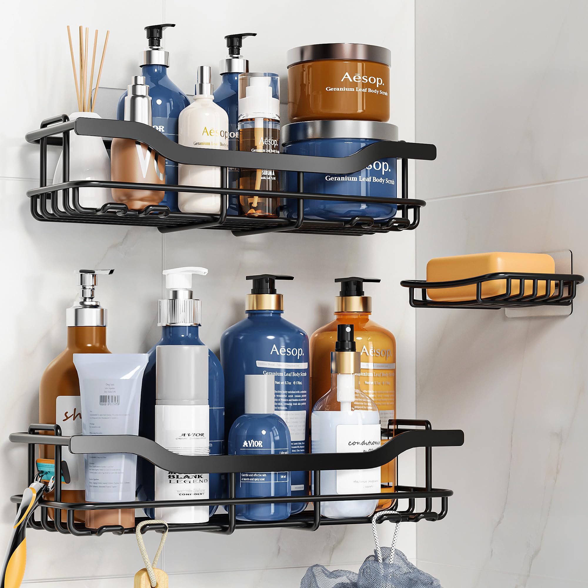 OMAIRA Adhesive Shower Caddy 3-Pack with Soap Holder - No Drill Bathroom Organizer, Wall Mounted Shower Shelf for Bathroom, Kitchen & Countertop - Black - Perfect for Small Spaces, Apartment Living & Rental Homes